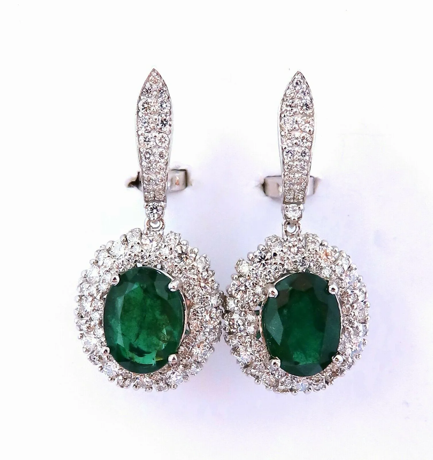 8.35ct Natural Oval Emeralds Diamond Dangle Earrings 18kt Halo Cluster