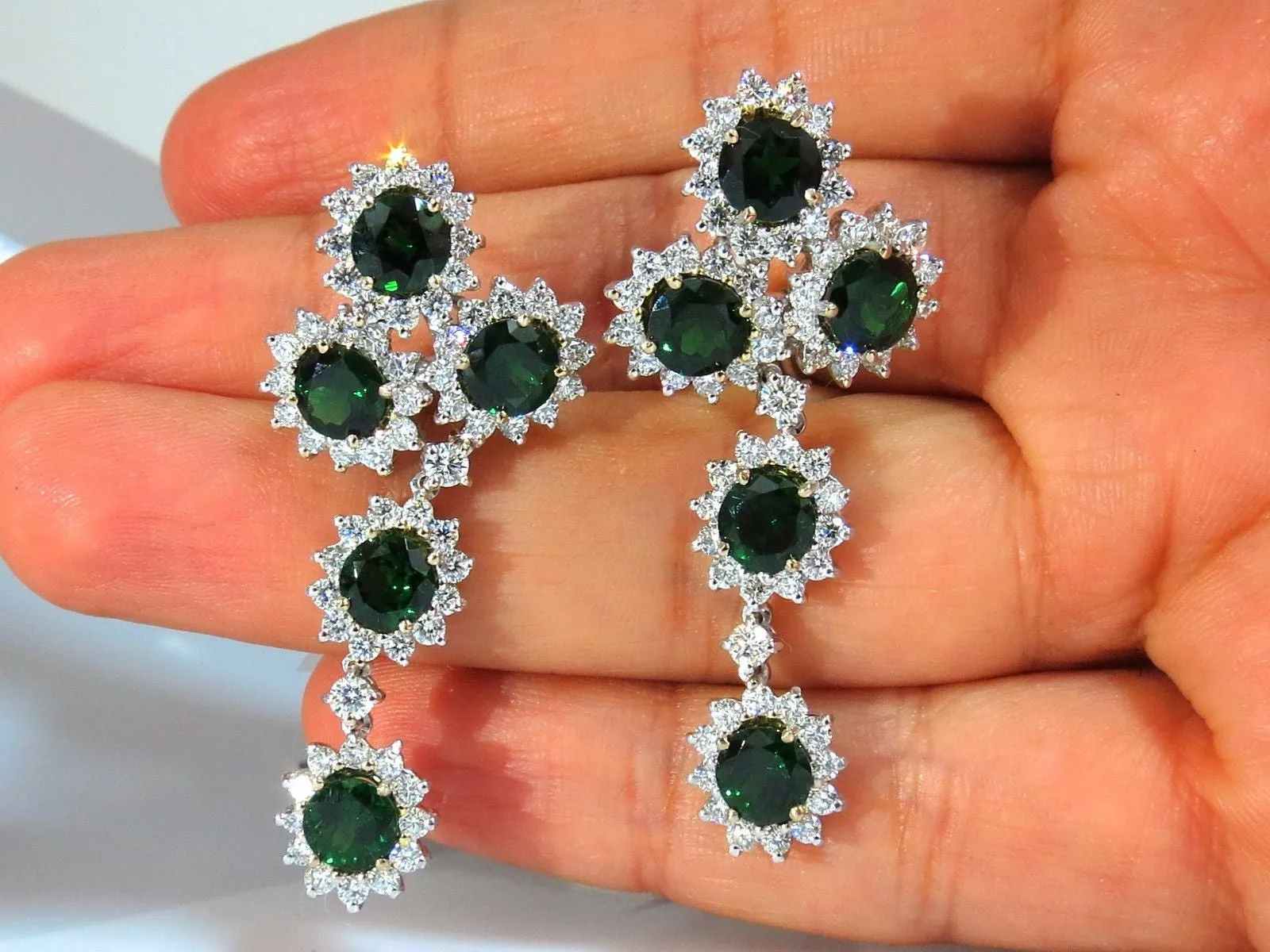 9.20ct natural vivid green tsavorite 4.18ct diamond dangle earrings 18kt cluster