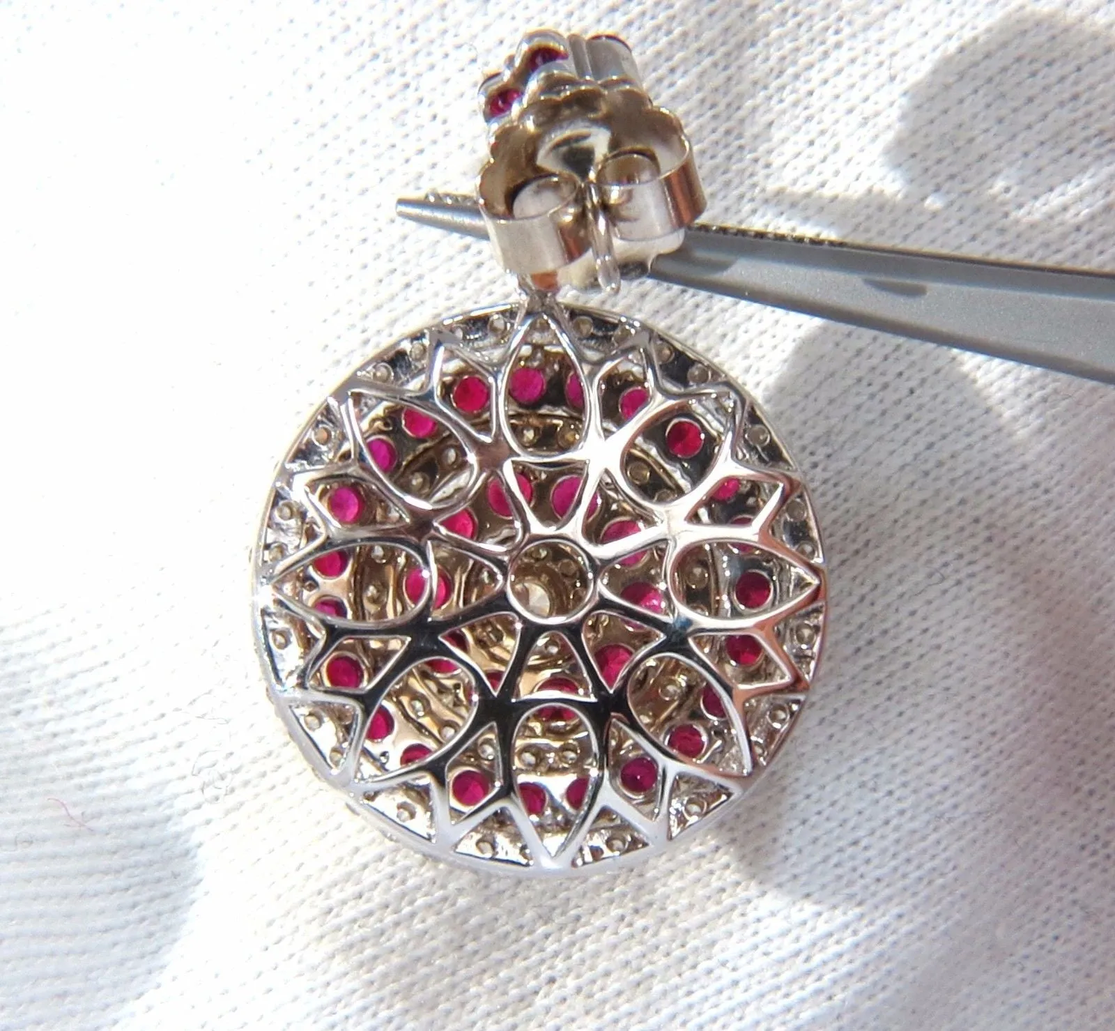 9.74ct NATURAL RED RUBY DIAMOND DANGLING EARRINGS 18KT ROULETTE BULLS EYE