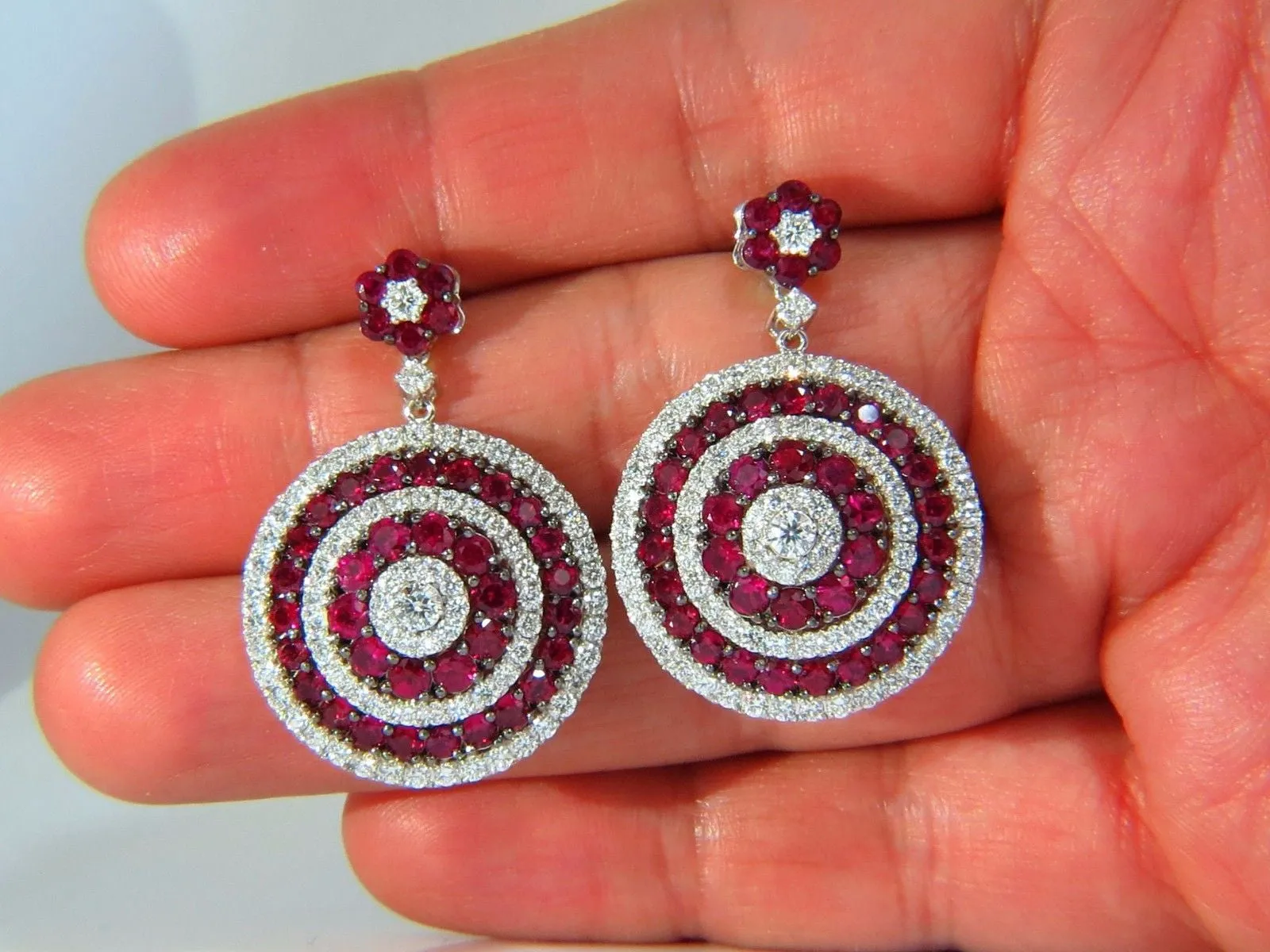9.74ct NATURAL RED RUBY DIAMOND DANGLING EARRINGS 18KT ROULETTE BULLS EYE