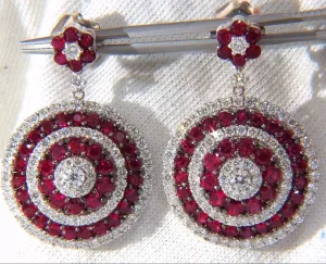 9.74ct NATURAL RED RUBY DIAMOND DANGLING EARRINGS 18KT ROULETTE BULLS EYE