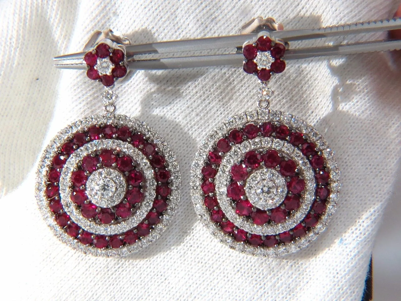 9.74ct NATURAL RED RUBY DIAMOND DANGLING EARRINGS 18KT ROULETTE BULLS EYE