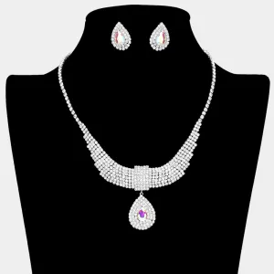 AB Crystal Teardrops with Rhinestone Cluster Accents Evening Necklace | Prom Necklace Set |  634505