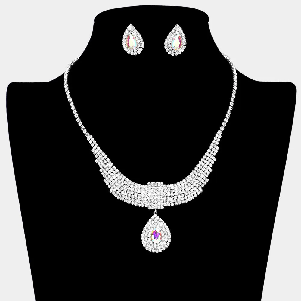 AB Crystal Teardrops with Rhinestone Cluster Accents Evening Necklace | Prom Necklace Set |  634505