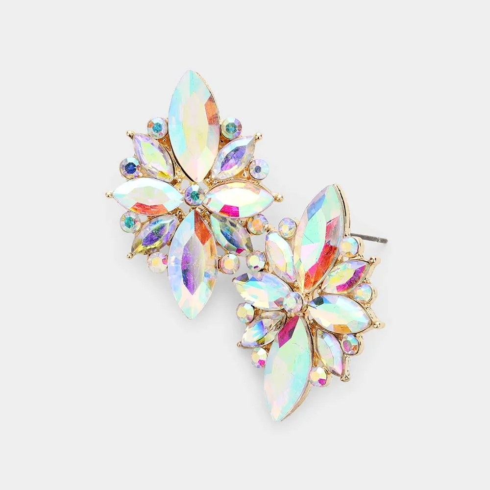 AB Marquise Round Stone Cluster Pageant Earrings on Gold  | Prom Earrings| 478051
