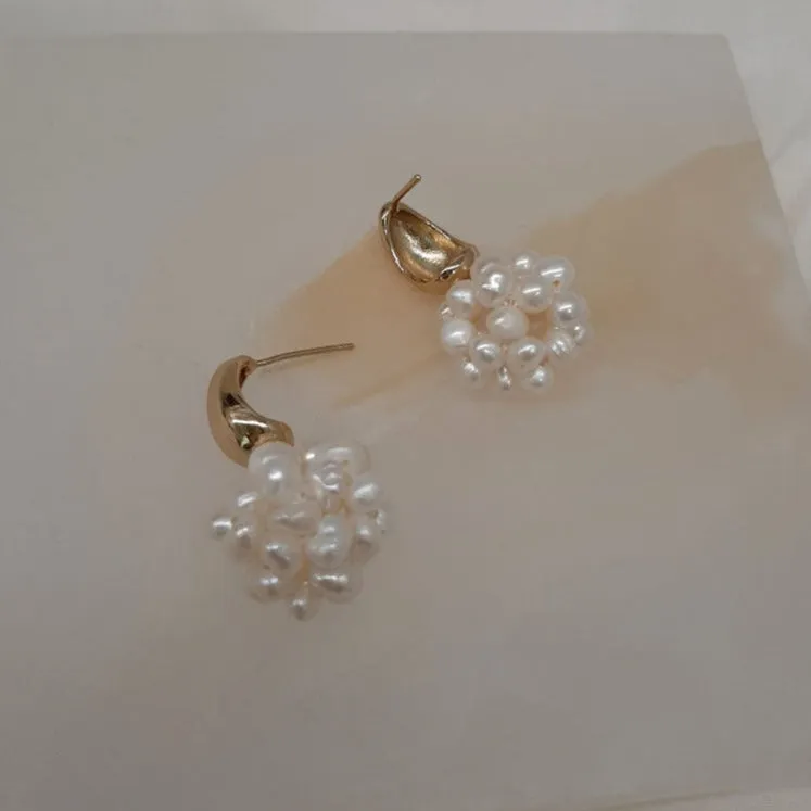 ALLEGRA - natural cultured freshwater pearl cluster ball drop and gold tone droplet stud earrings