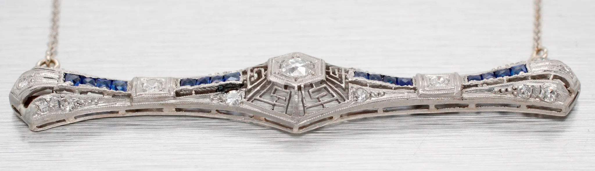 Antique Art Deco Diamond & Sapphire Platinum Pendant - 14k White Gold Necklace
