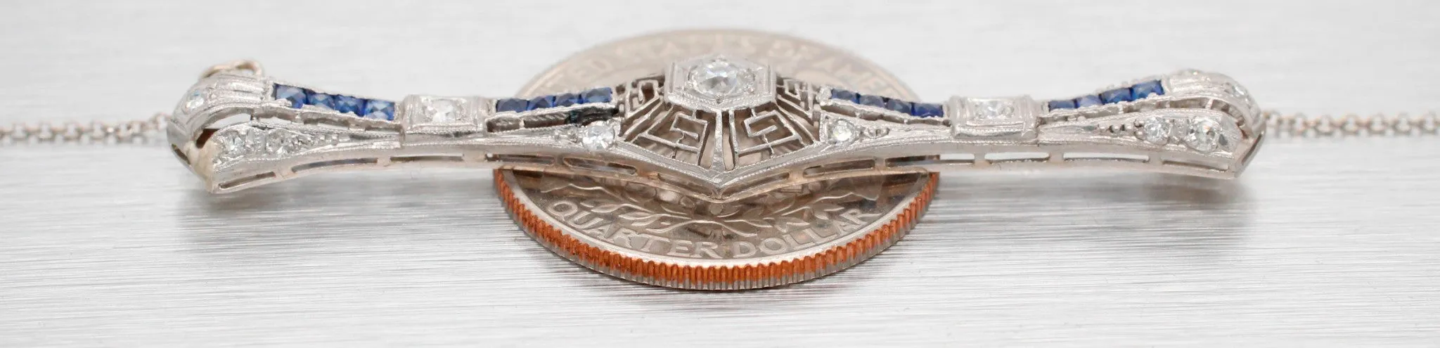 Antique Art Deco Diamond & Sapphire Platinum Pendant - 14k White Gold Necklace