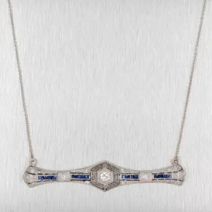 Antique Art Deco Diamond & Sapphire Platinum Pendant - 14k White Gold Necklace