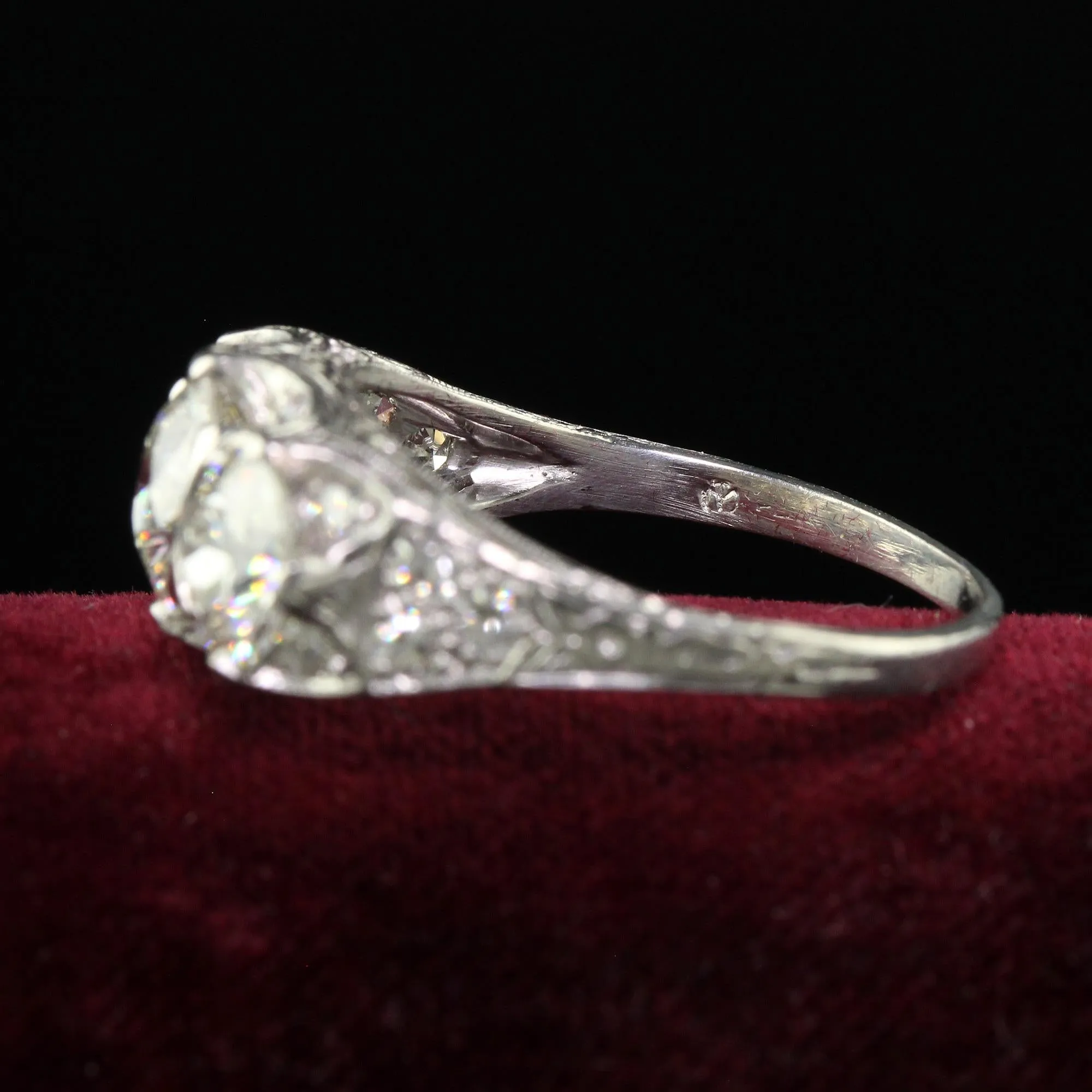 Antique Art Deco Maurice Tishman Platinum Old European Cut Diamond Three Stone Ring - GIA
