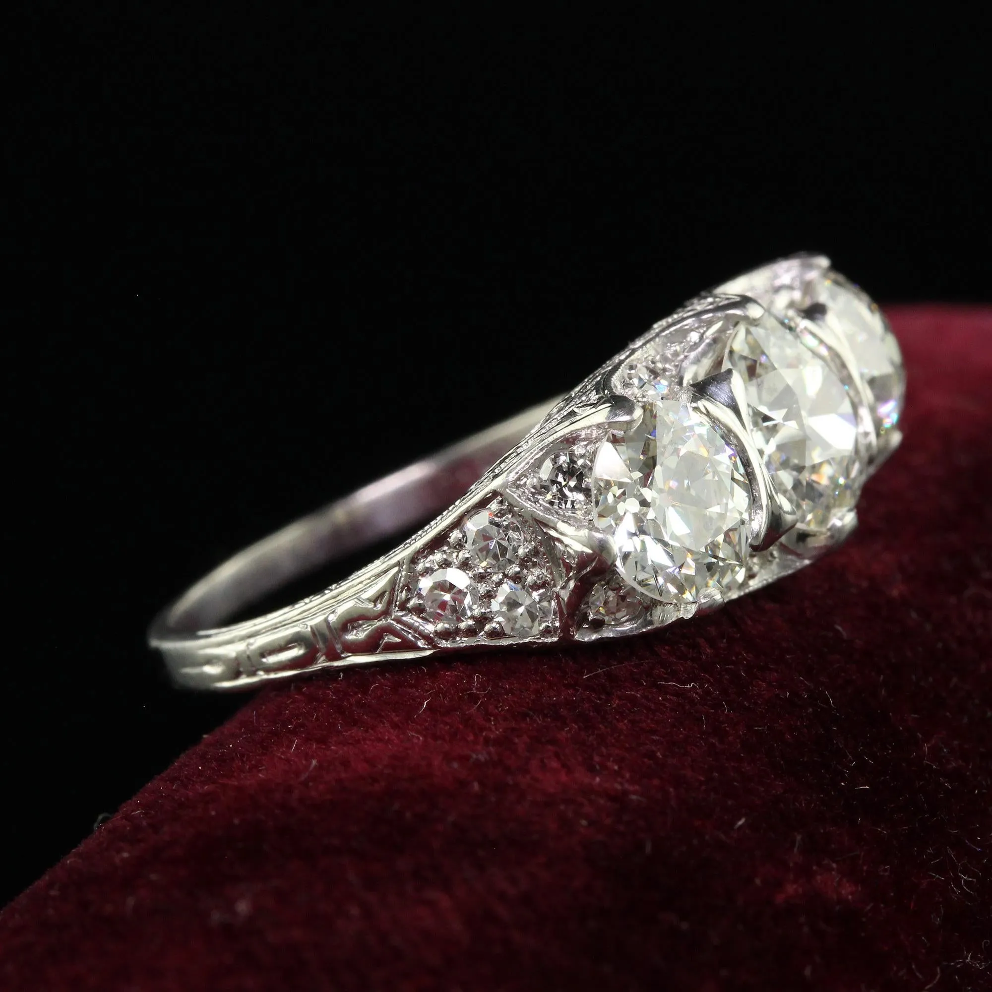 Antique Art Deco Maurice Tishman Platinum Old European Cut Diamond Three Stone Ring - GIA