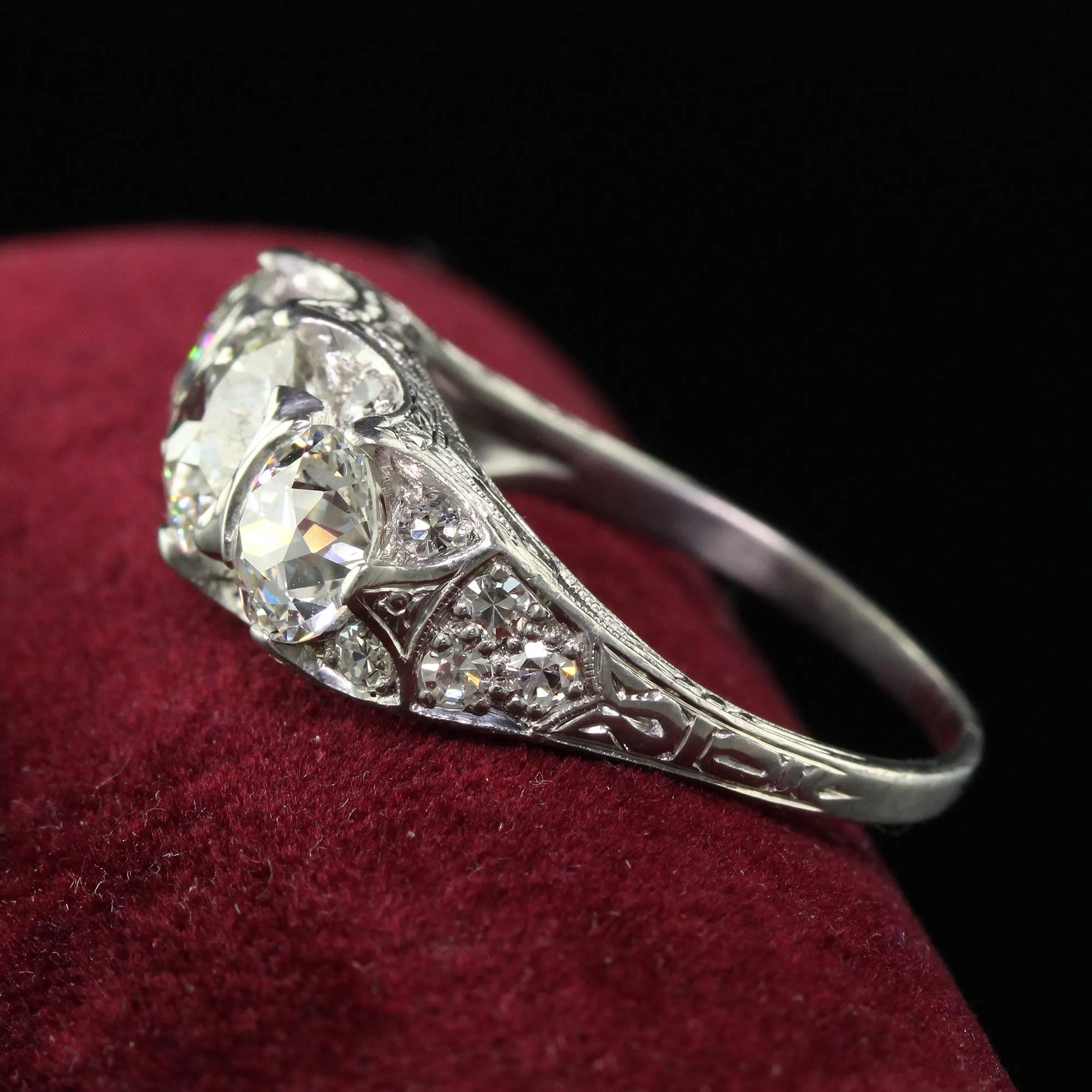 Antique Art Deco Maurice Tishman Platinum Old European Cut Diamond Three Stone Ring - GIA