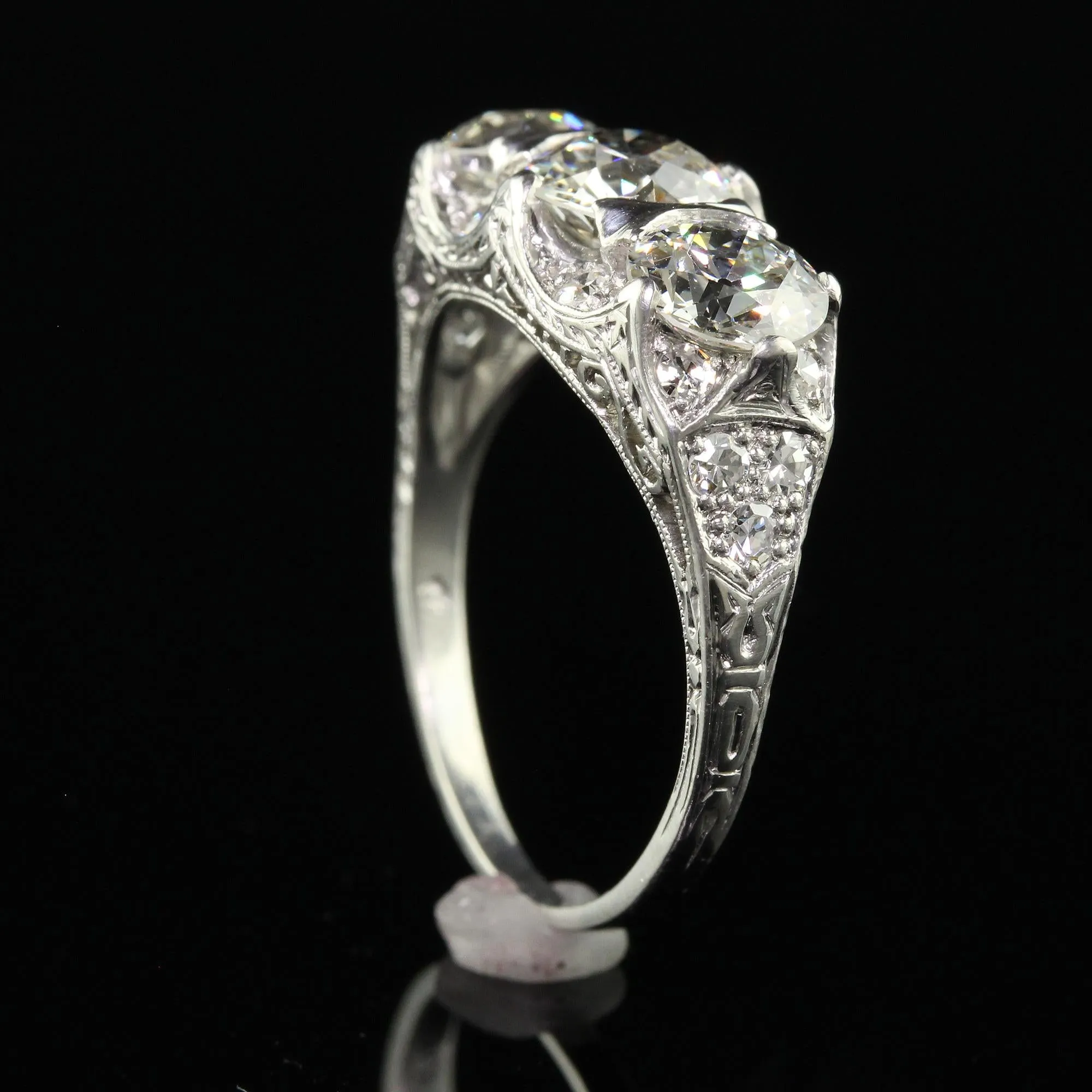 Antique Art Deco Maurice Tishman Platinum Old European Cut Diamond Three Stone Ring - GIA