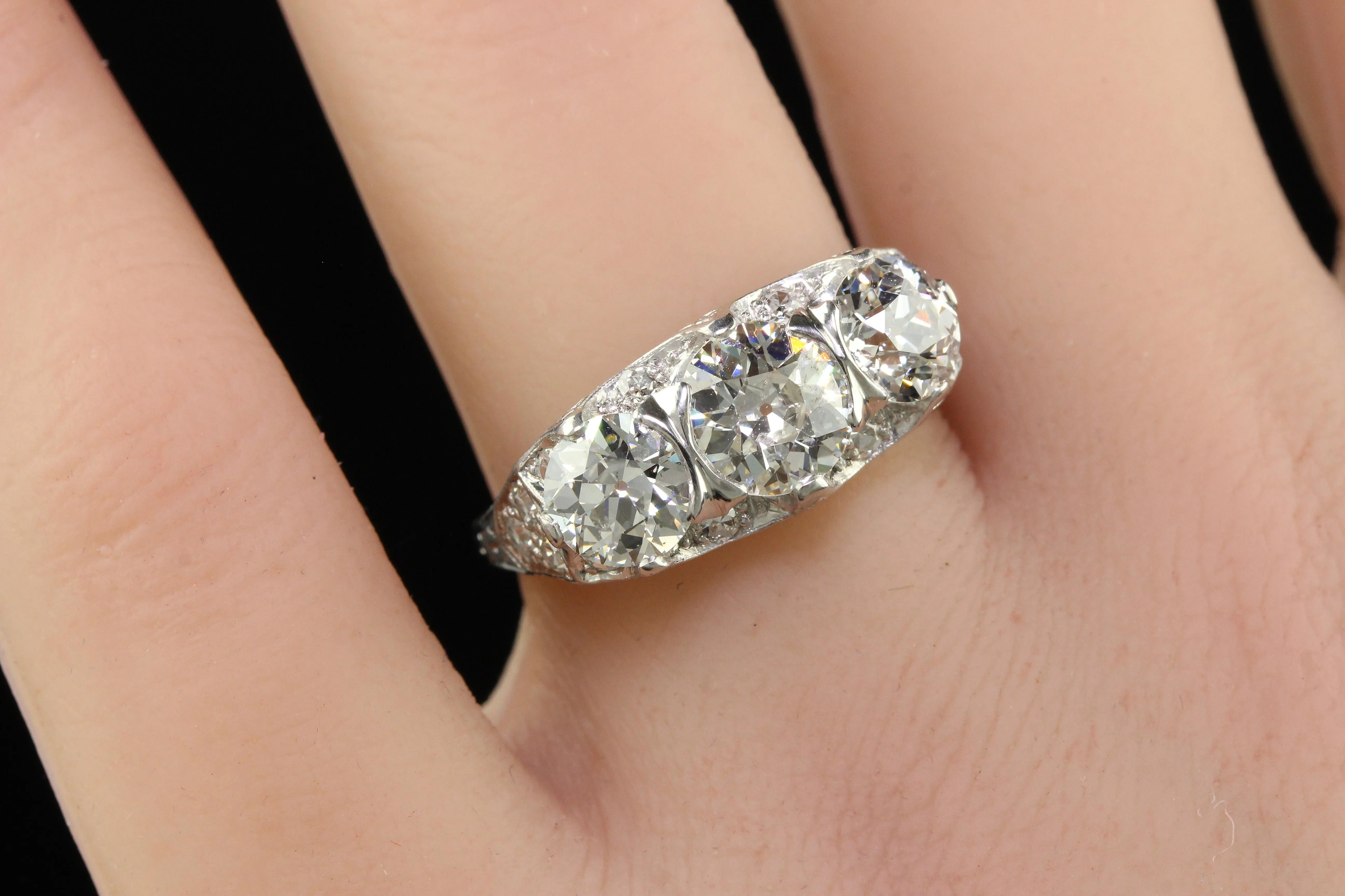 Antique Art Deco Maurice Tishman Platinum Old European Cut Diamond Three Stone Ring - GIA