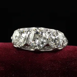Antique Art Deco Maurice Tishman Platinum Old European Cut Diamond Three Stone Ring - GIA