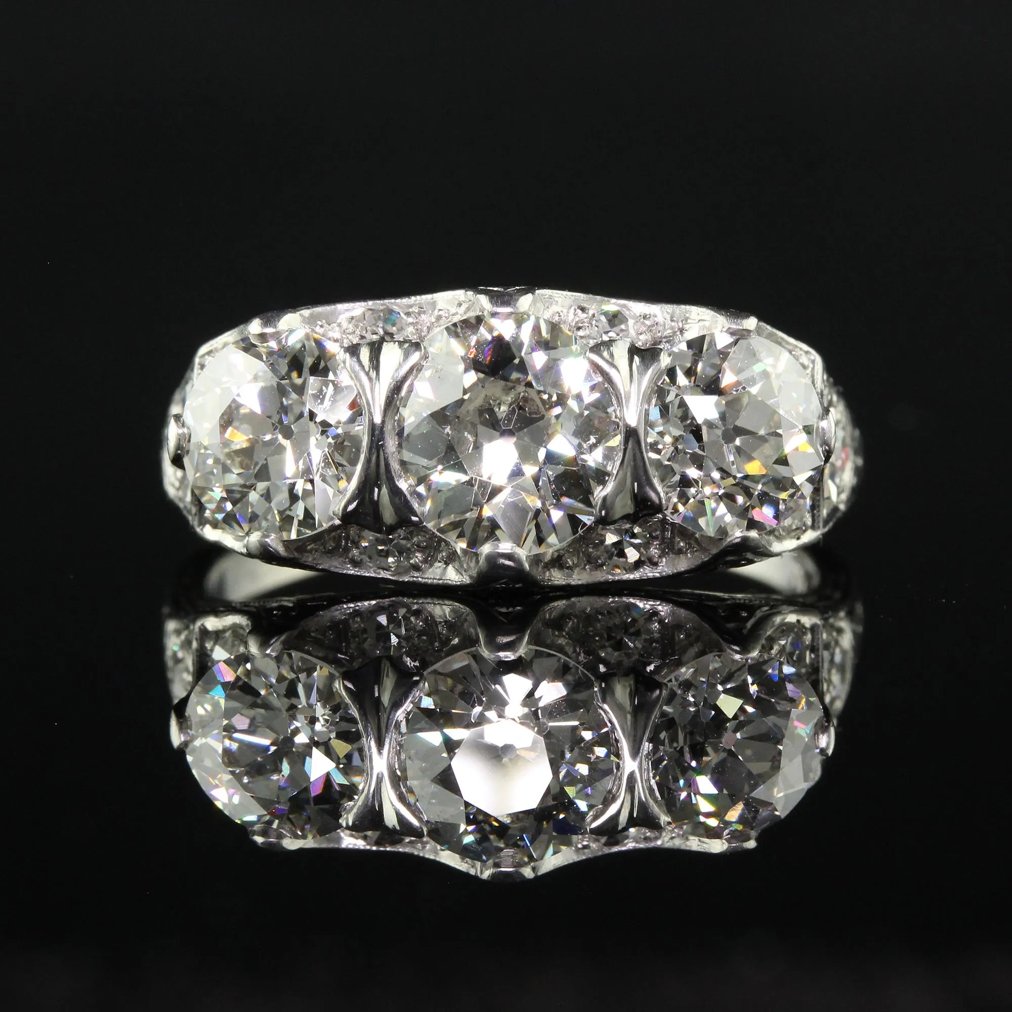 Antique Art Deco Maurice Tishman Platinum Old European Cut Diamond Three Stone Ring - GIA