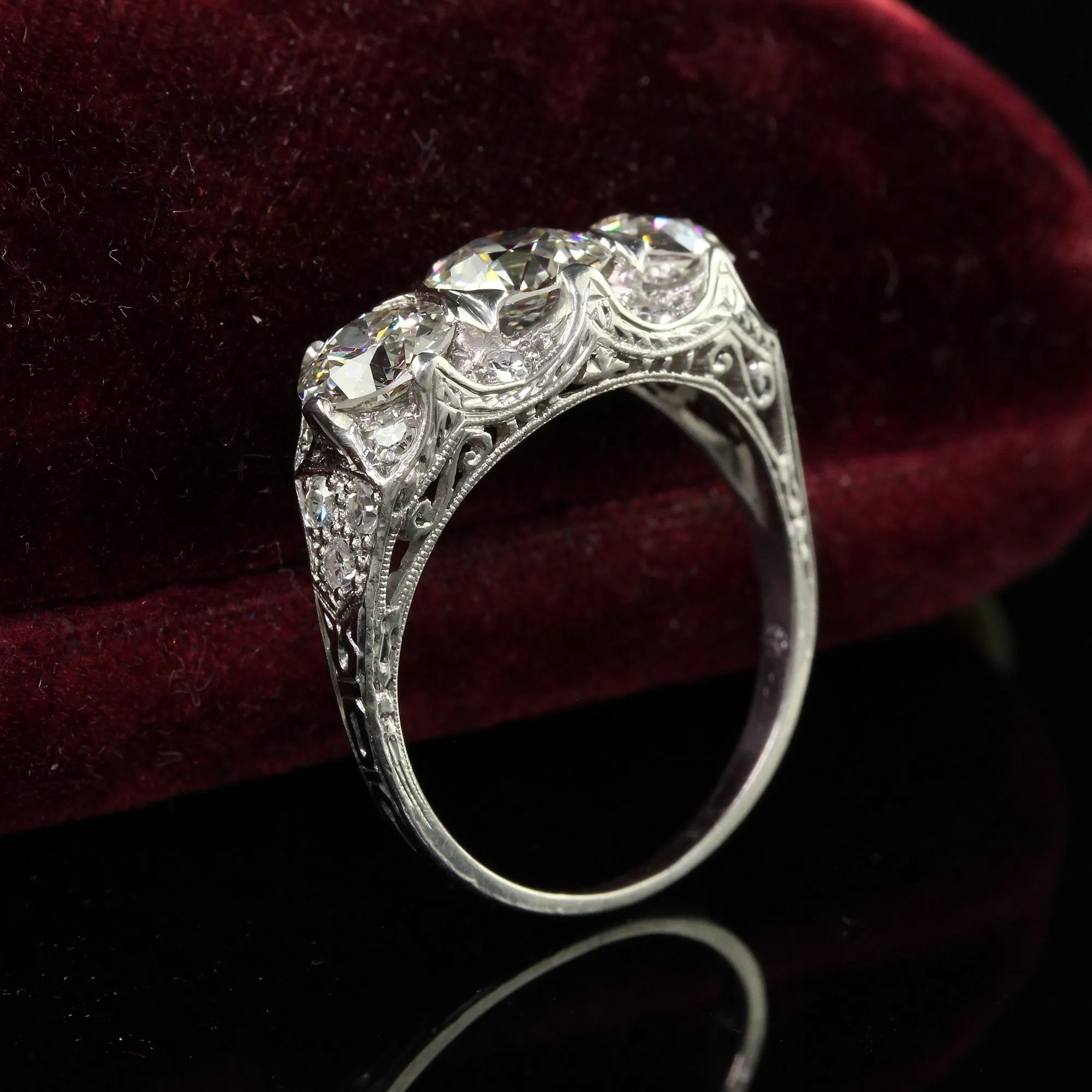 Antique Art Deco Maurice Tishman Platinum Old European Cut Diamond Three Stone Ring - GIA