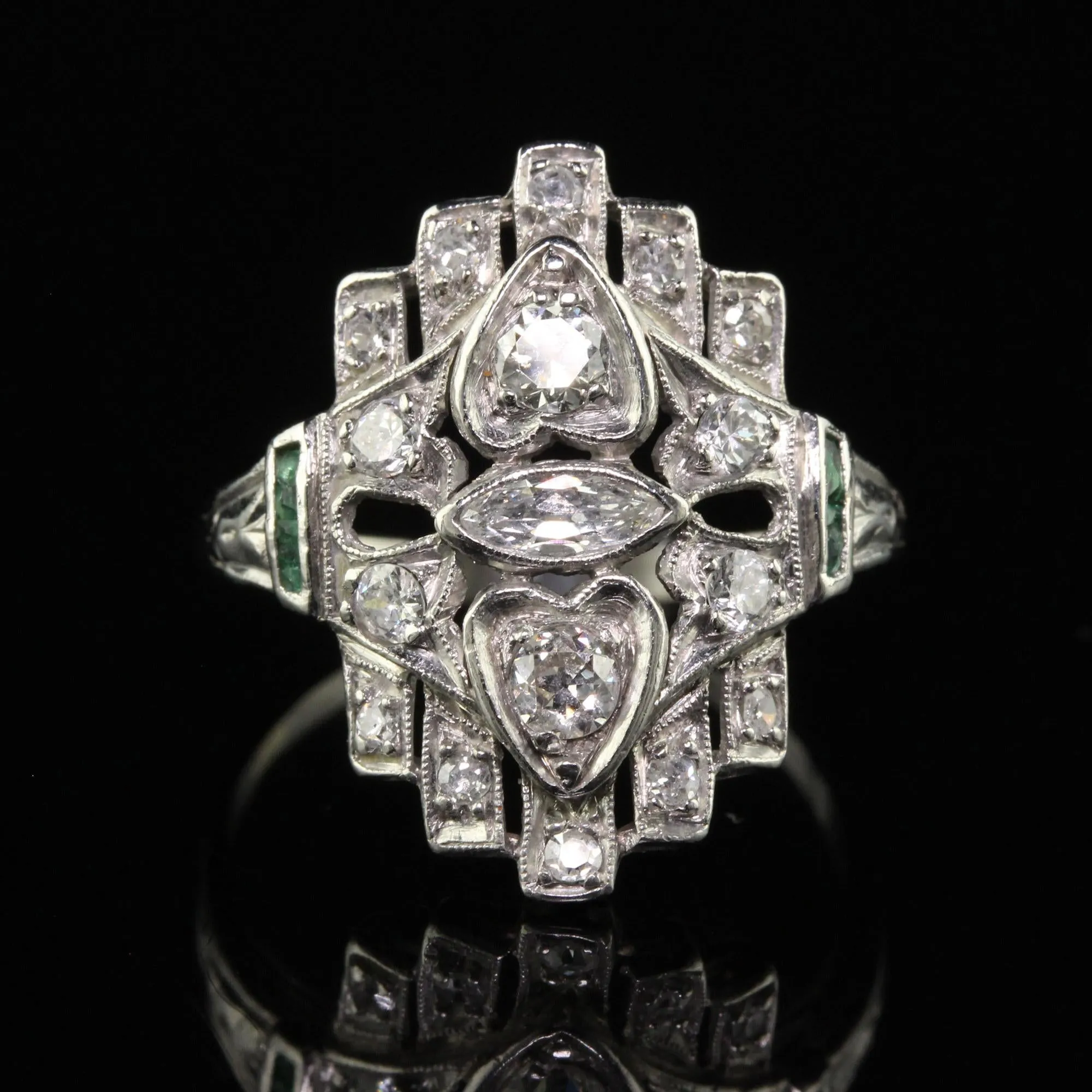 Antique Art Deco Platinum Old Euro Marquise Diamond and Emerald Shield Ring
