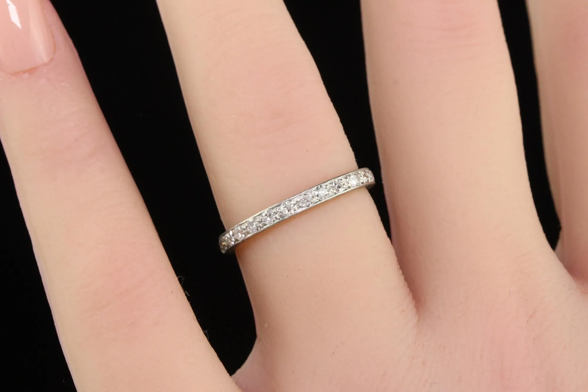 Antique Art Deco Platinum Single Cut Diamond Engraved Eternity Band - Size 6.5