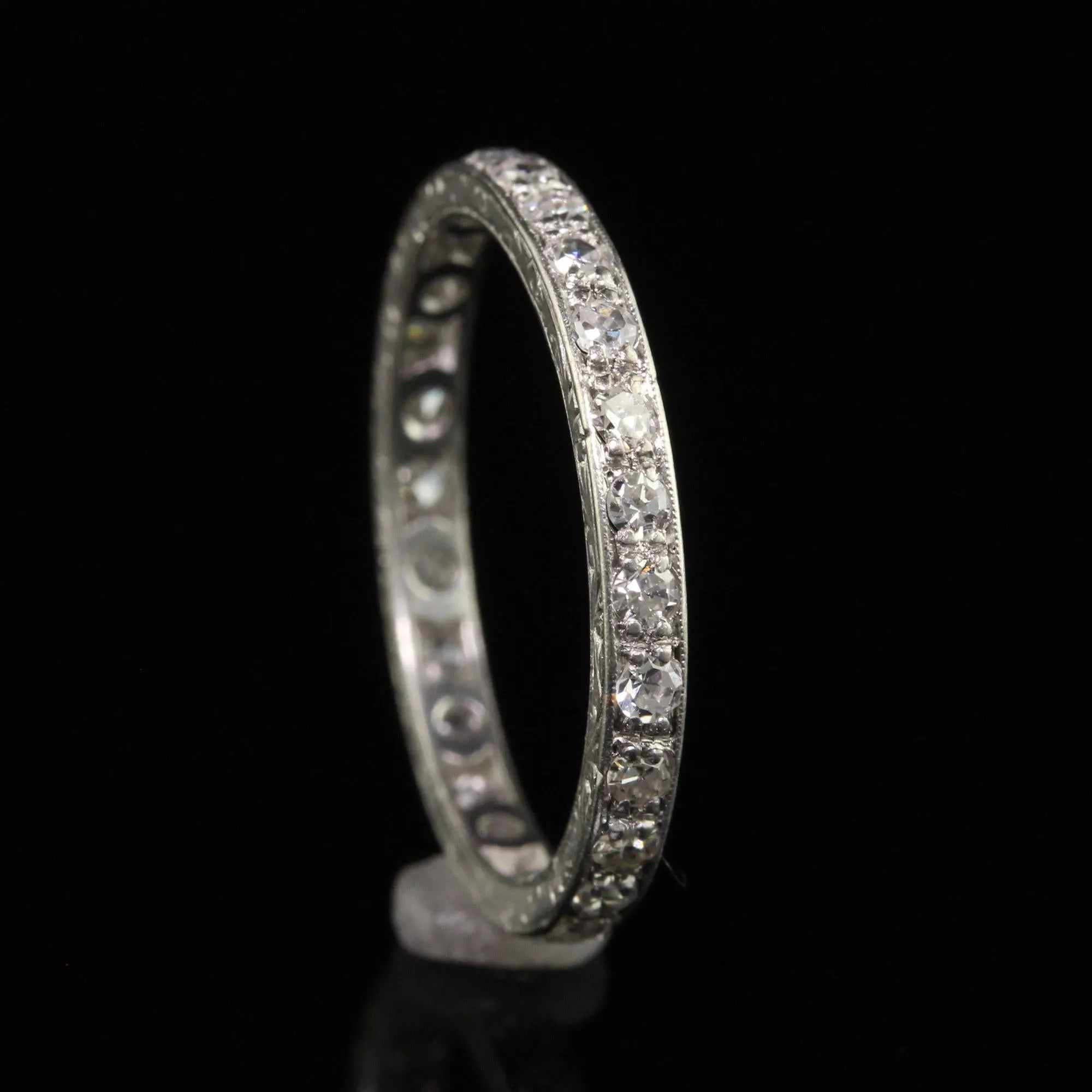 Antique Art Deco Platinum Single Cut Diamond Engraved Eternity Band - Size 6.5