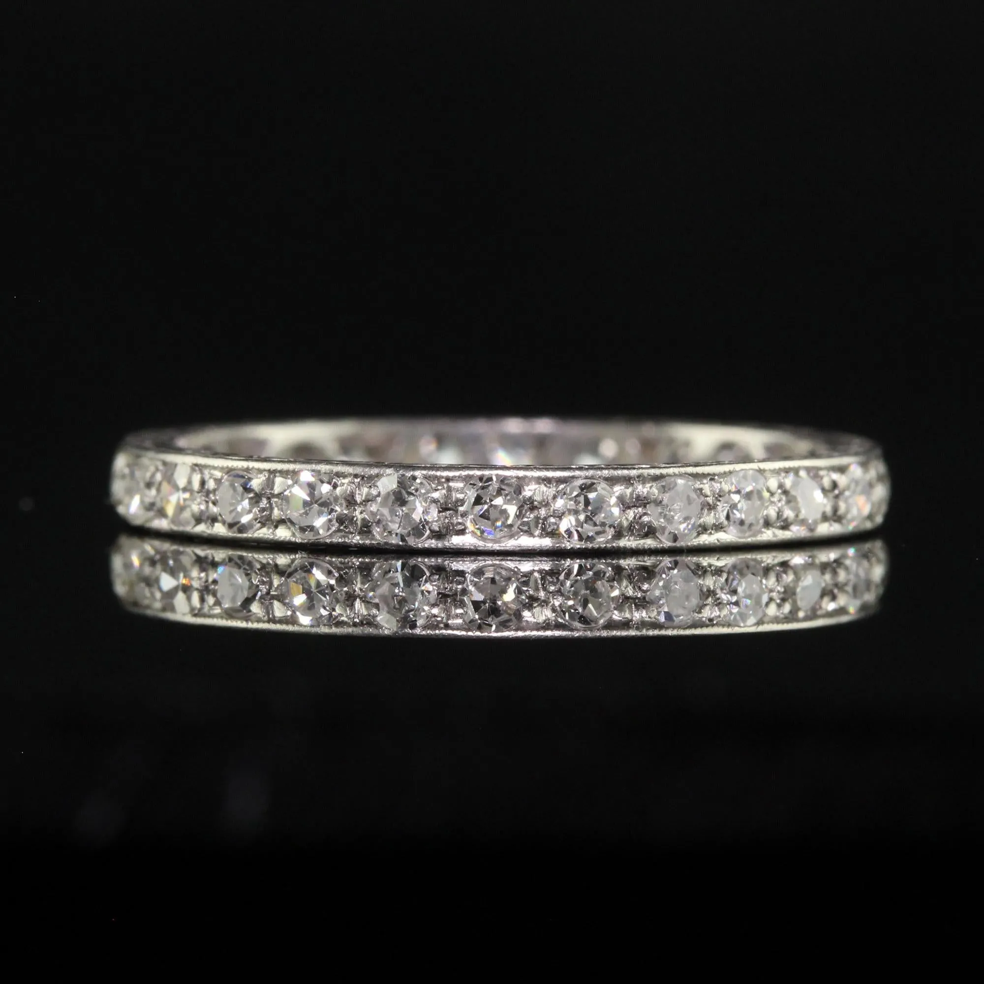 Antique Art Deco Platinum Single Cut Diamond Engraved Eternity Band - Size 6.5