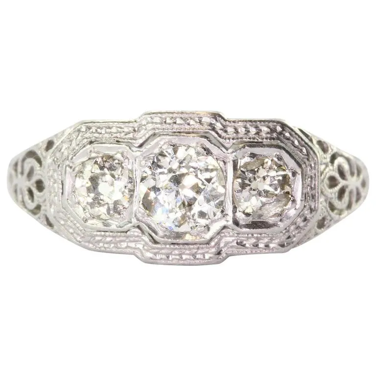 Antique Art Nouveau 18K White Gold & Platinum 3 Stone Diamond Engagement Ring