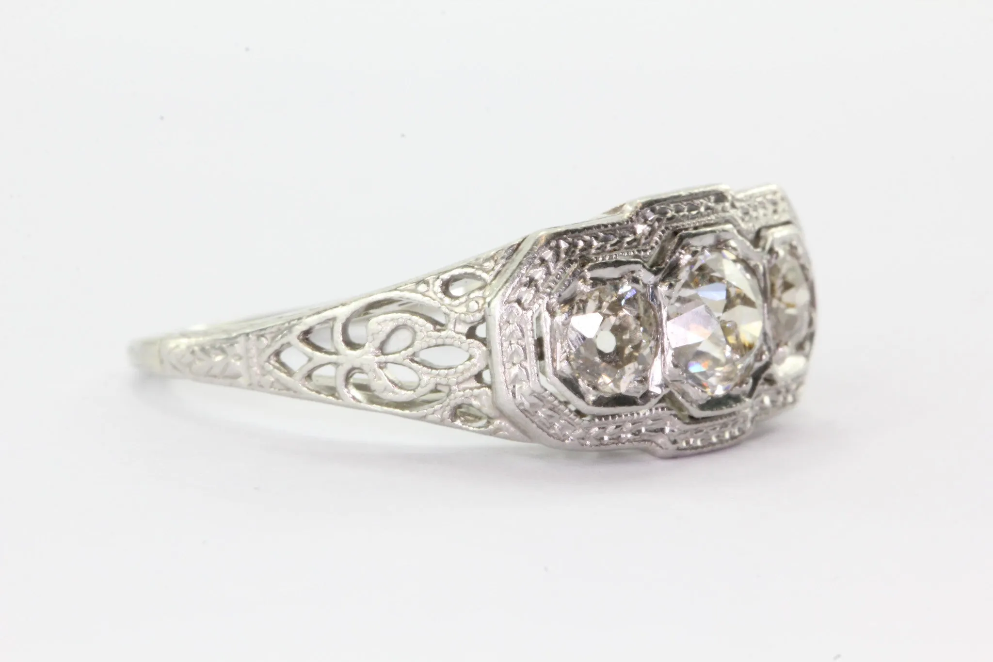 Antique Art Nouveau 18K White Gold & Platinum 3 Stone Diamond Engagement Ring