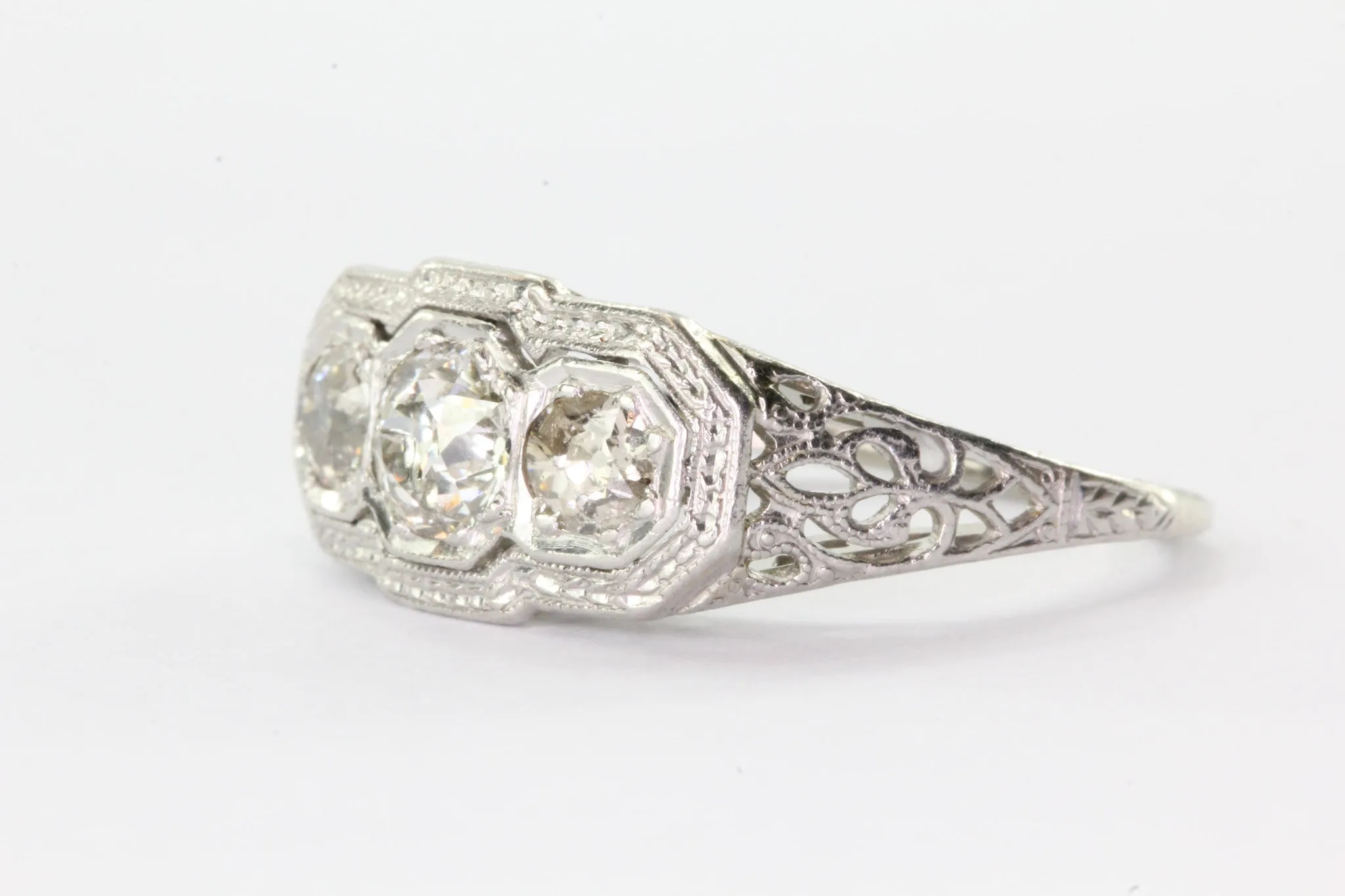 Antique Art Nouveau 18K White Gold & Platinum 3 Stone Diamond Engagement Ring