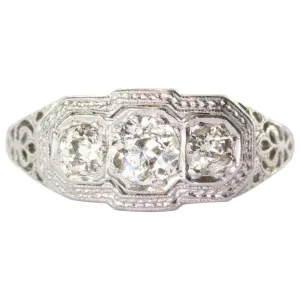 Antique Art Nouveau 18K White Gold & Platinum 3 Stone Diamond Engagement Ring
