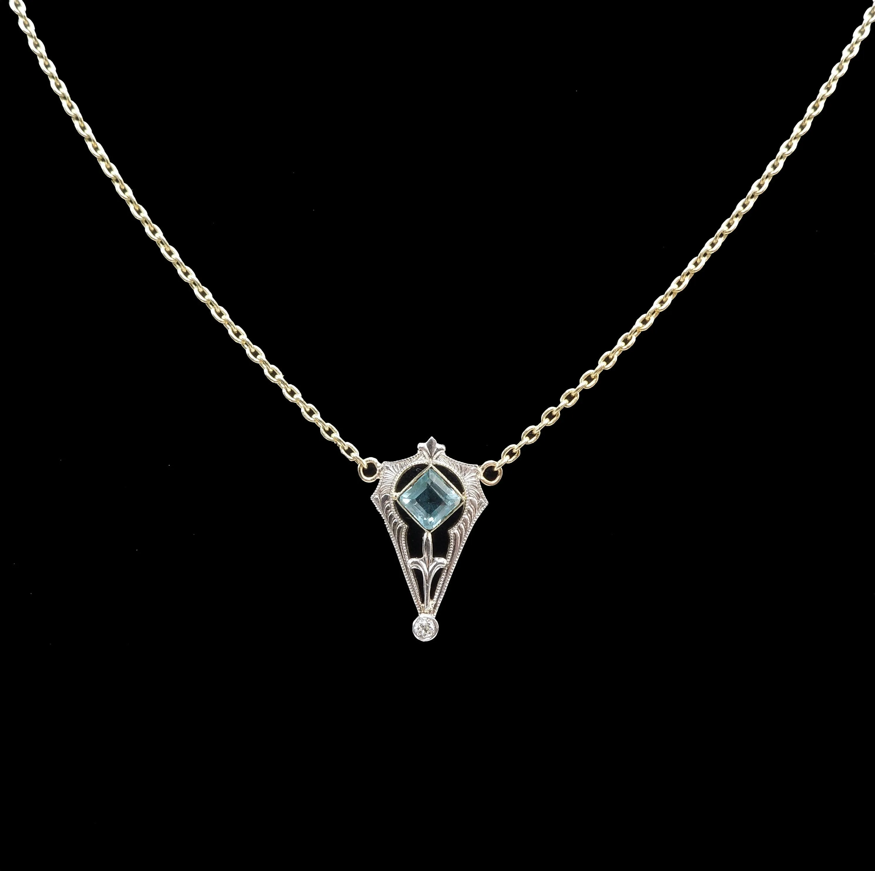 Antique (c. 1900) Edwardian 14K Gold and Platinum Necklace with Square Aquamarine