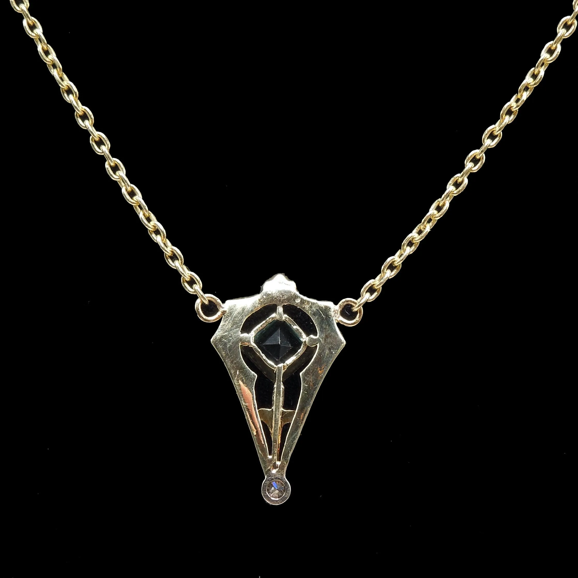 Antique (c. 1900) Edwardian 14K Gold and Platinum Necklace with Square Aquamarine