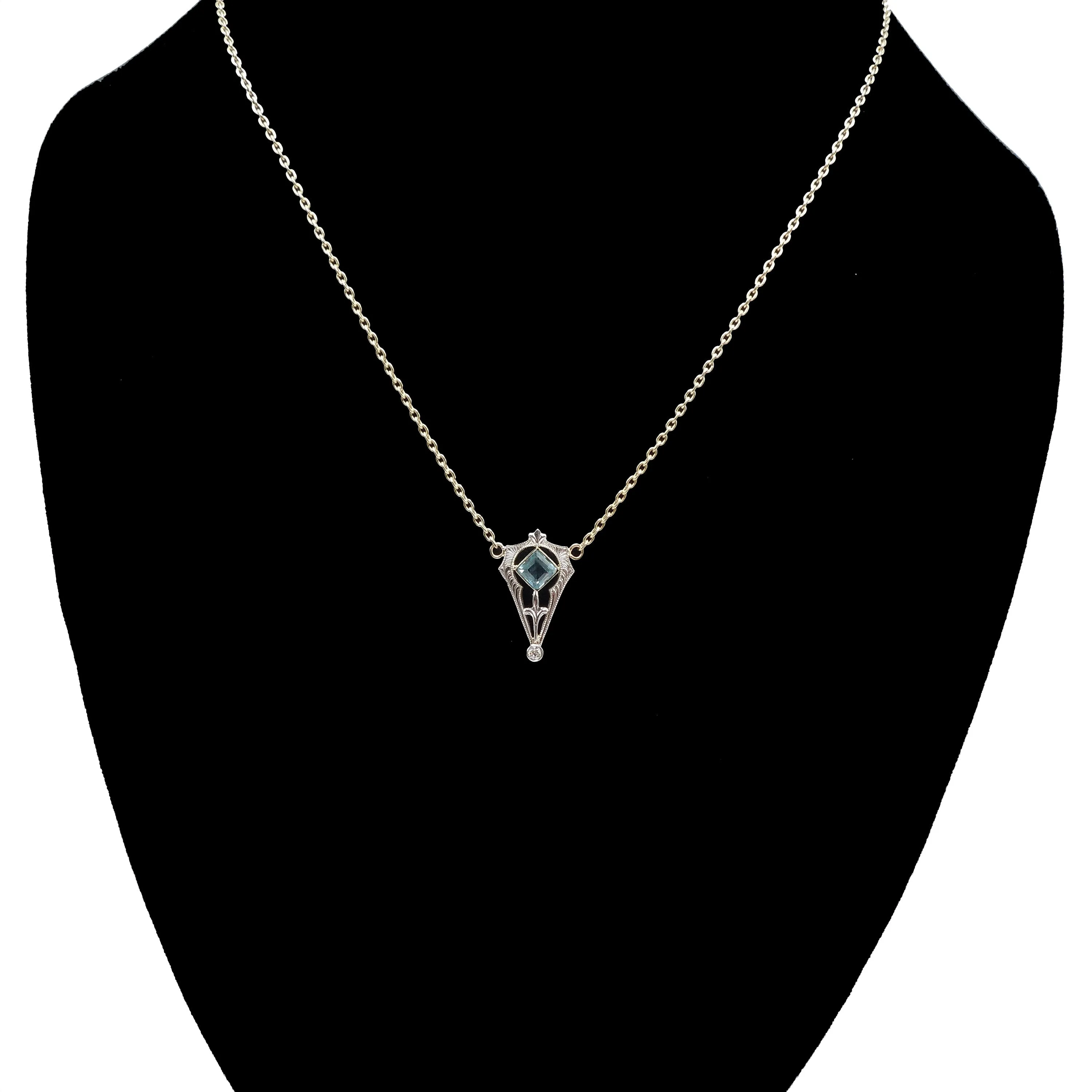 Antique (c. 1900) Edwardian 14K Gold and Platinum Necklace with Square Aquamarine