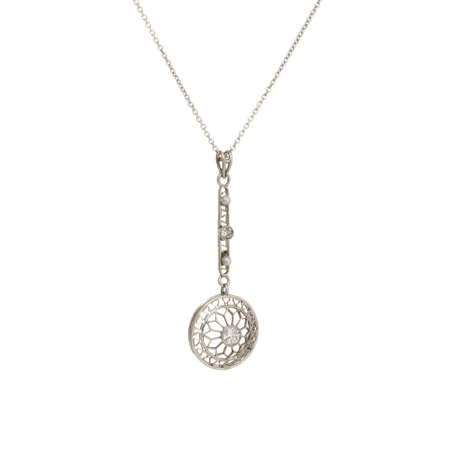 Antique Edwardian Diamond Pendant Necklace Platinum Pearl 14k Gold Vintage Fine