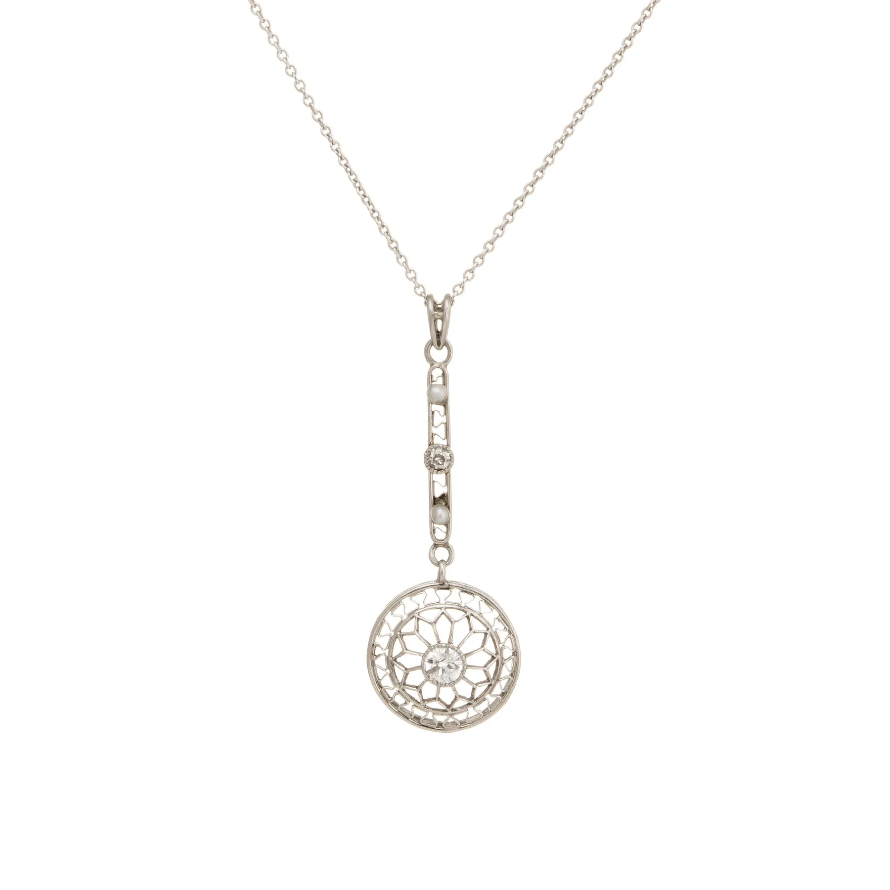 Antique Edwardian Diamond Pendant Necklace Platinum Pearl 14k Gold Vintage Fine