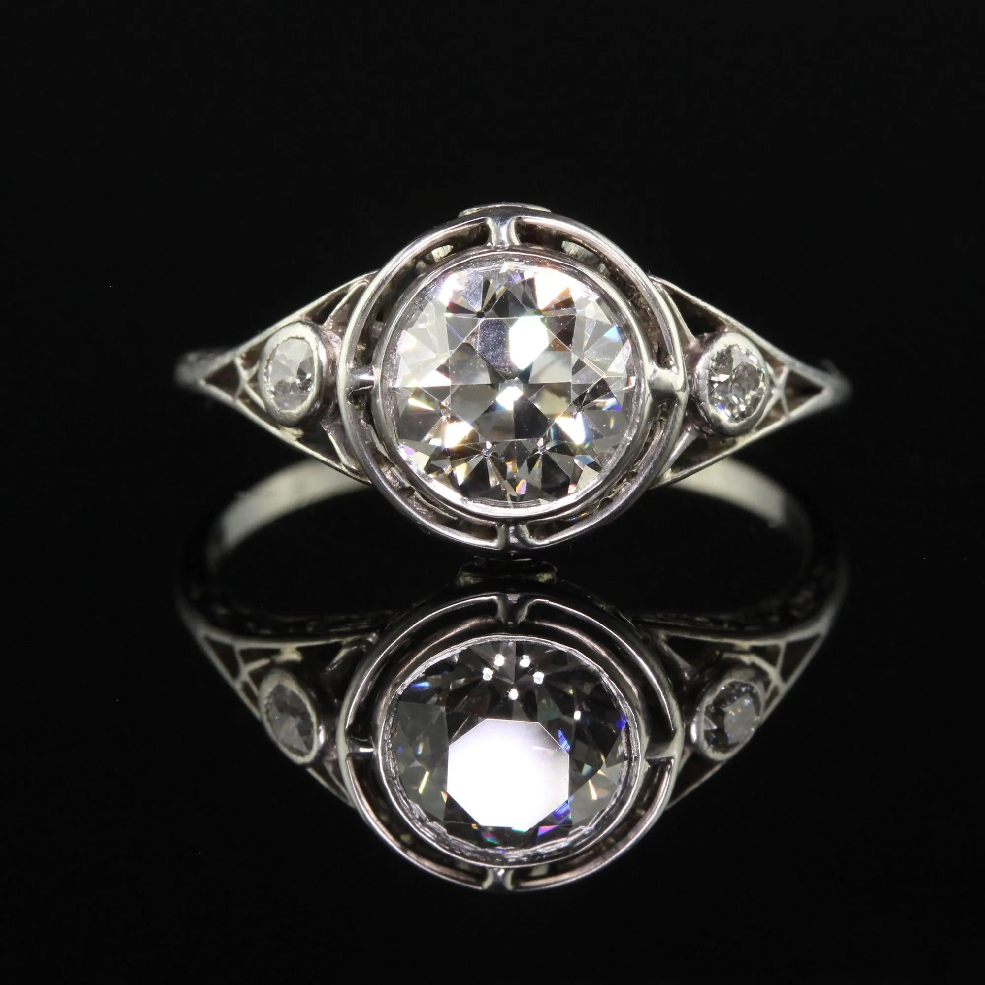 Antique Edwardian Platinum Old European Diamond Filigree Engagement Ring - GIA