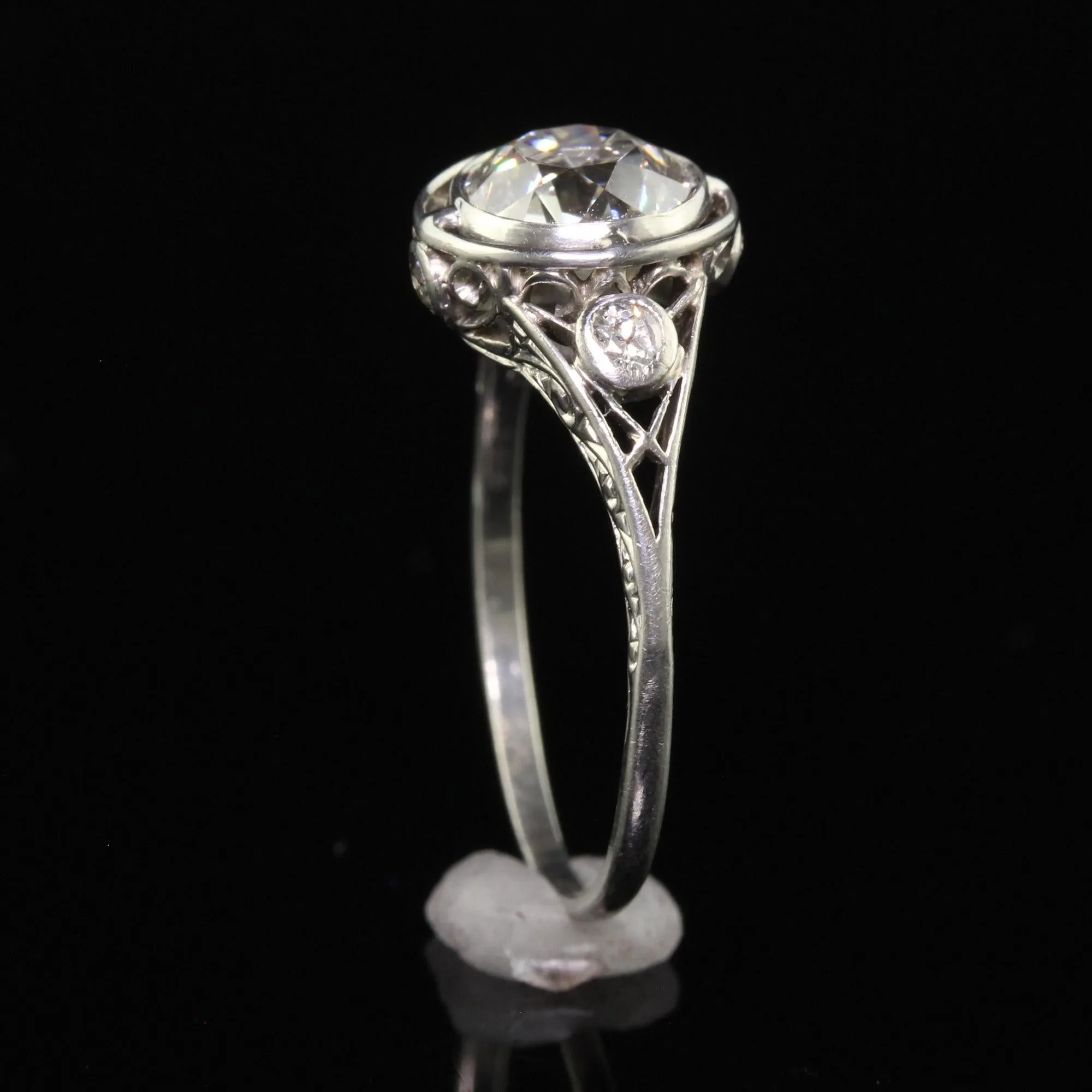 Antique Edwardian Platinum Old European Diamond Filigree Engagement Ring - GIA