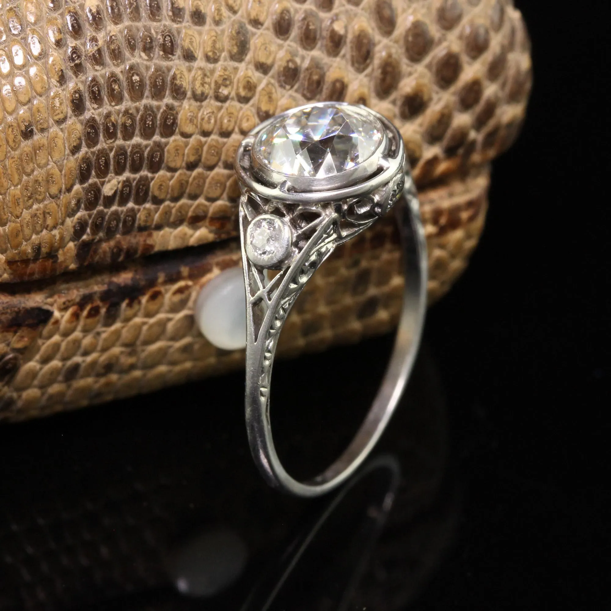 Antique Edwardian Platinum Old European Diamond Filigree Engagement Ring - GIA