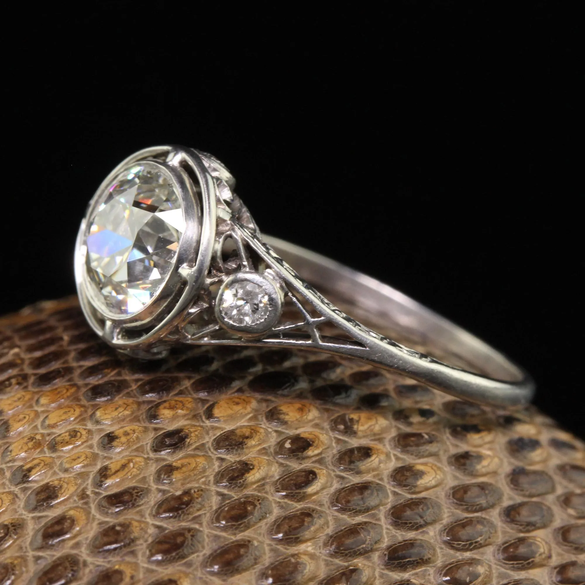 Antique Edwardian Platinum Old European Diamond Filigree Engagement Ring - GIA