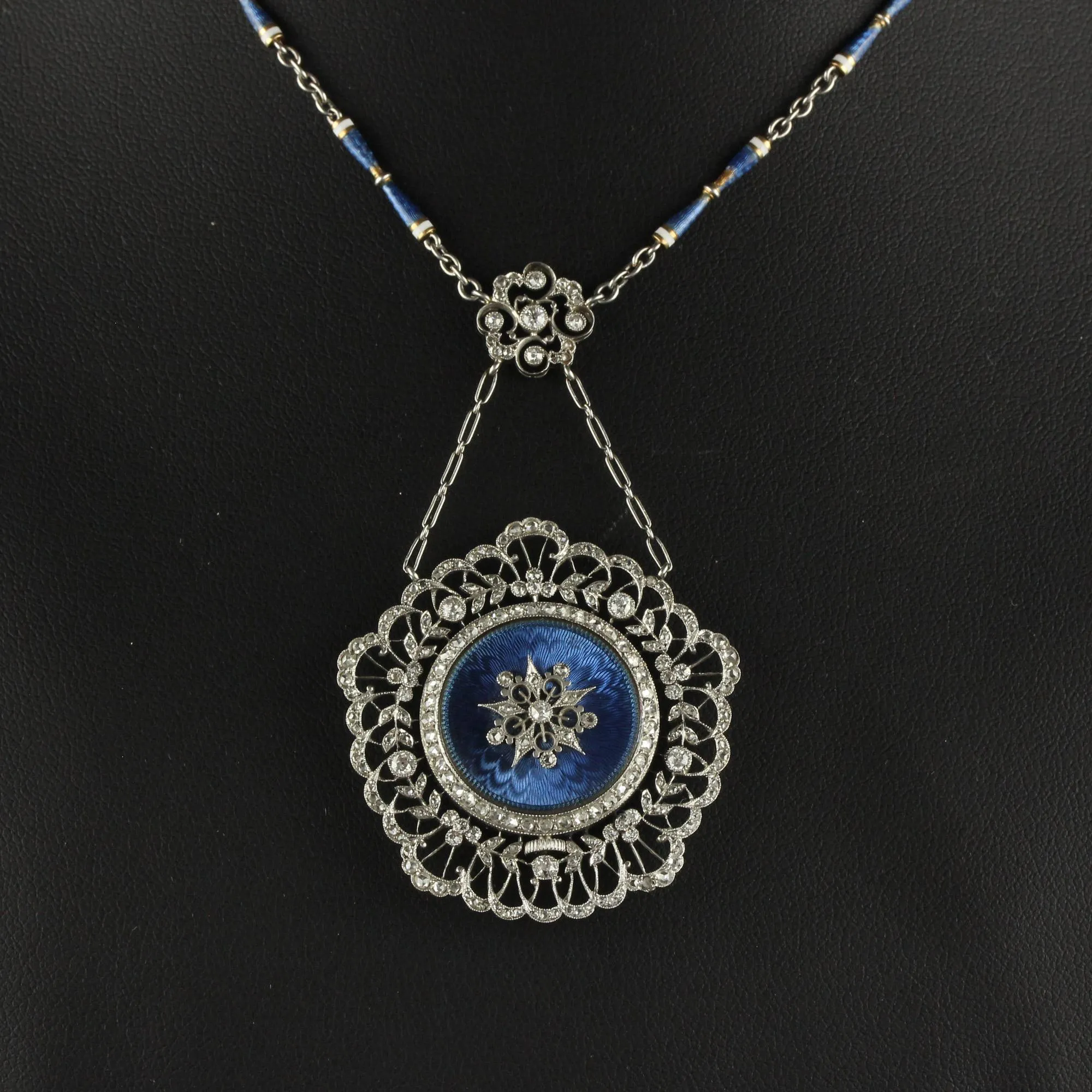 Antique Edwardian Tiffany Co Diamond Enamel Filigree Guilloche Watch Necklace