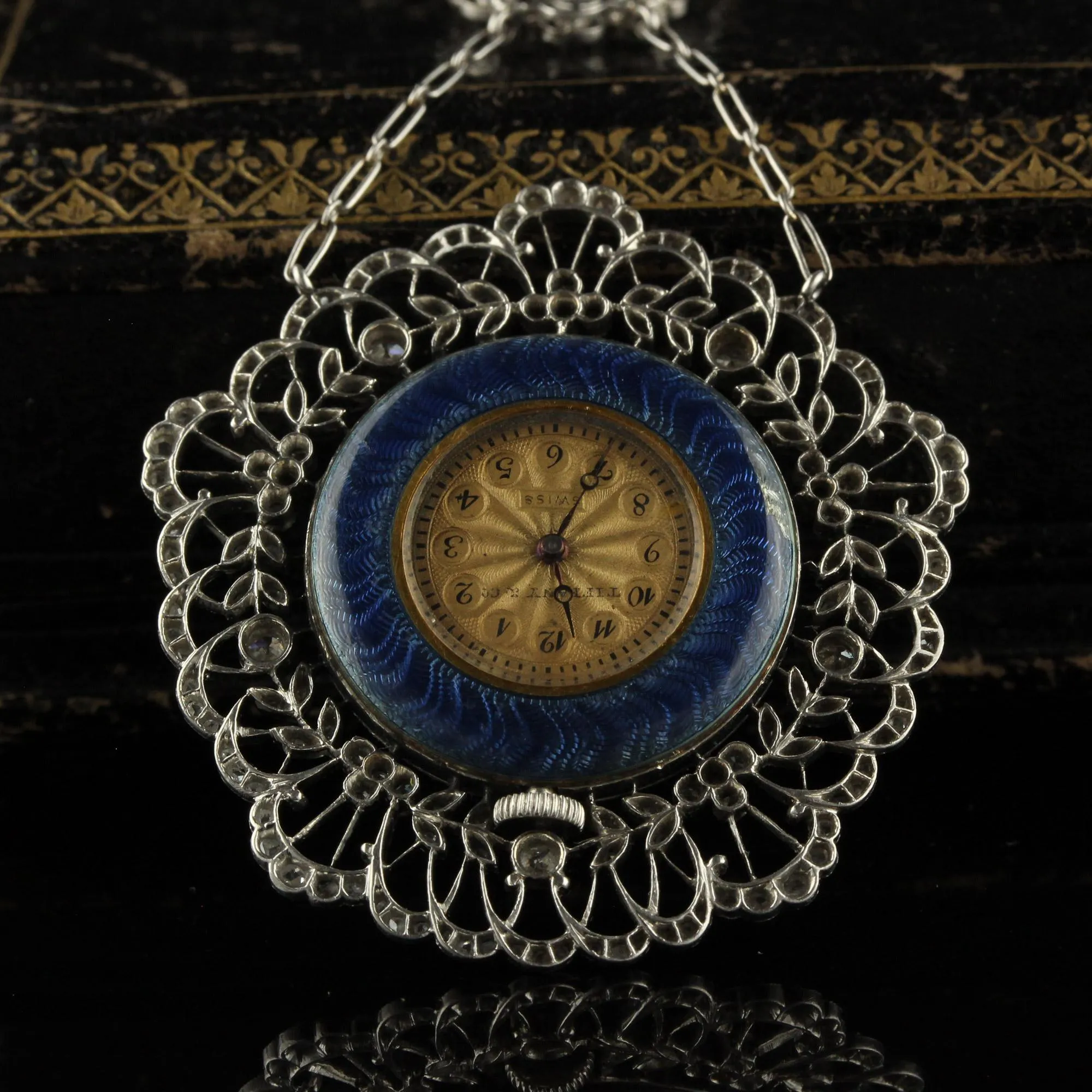 Antique Edwardian Tiffany Co Diamond Enamel Filigree Guilloche Watch Necklace