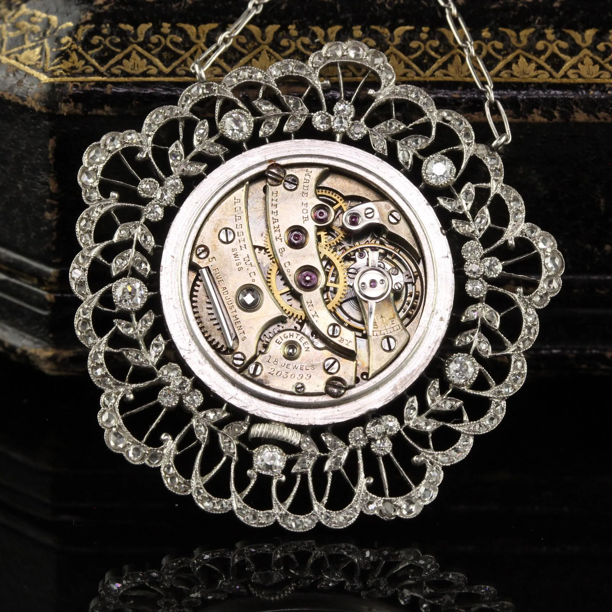 Antique Edwardian Tiffany Co Diamond Enamel Filigree Guilloche Watch Necklace