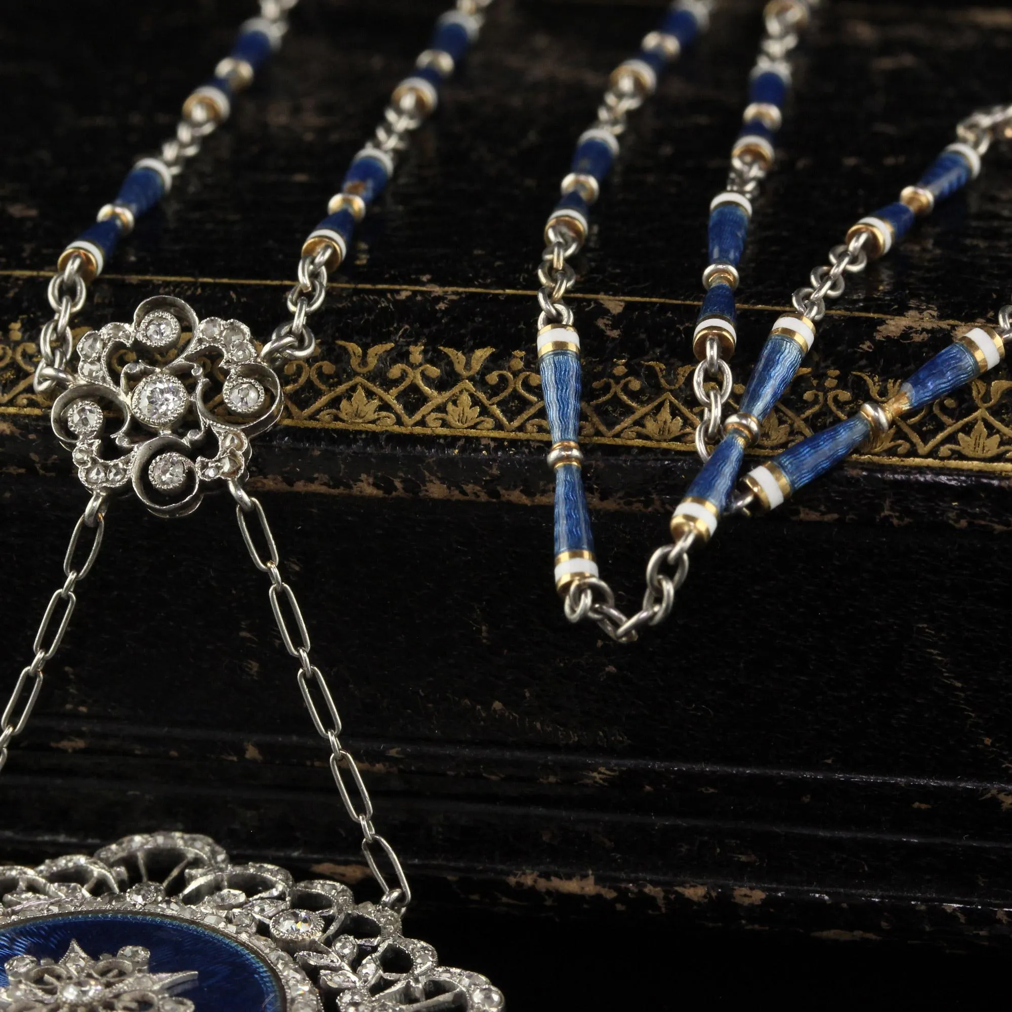Antique Edwardian Tiffany Co Diamond Enamel Filigree Guilloche Watch Necklace
