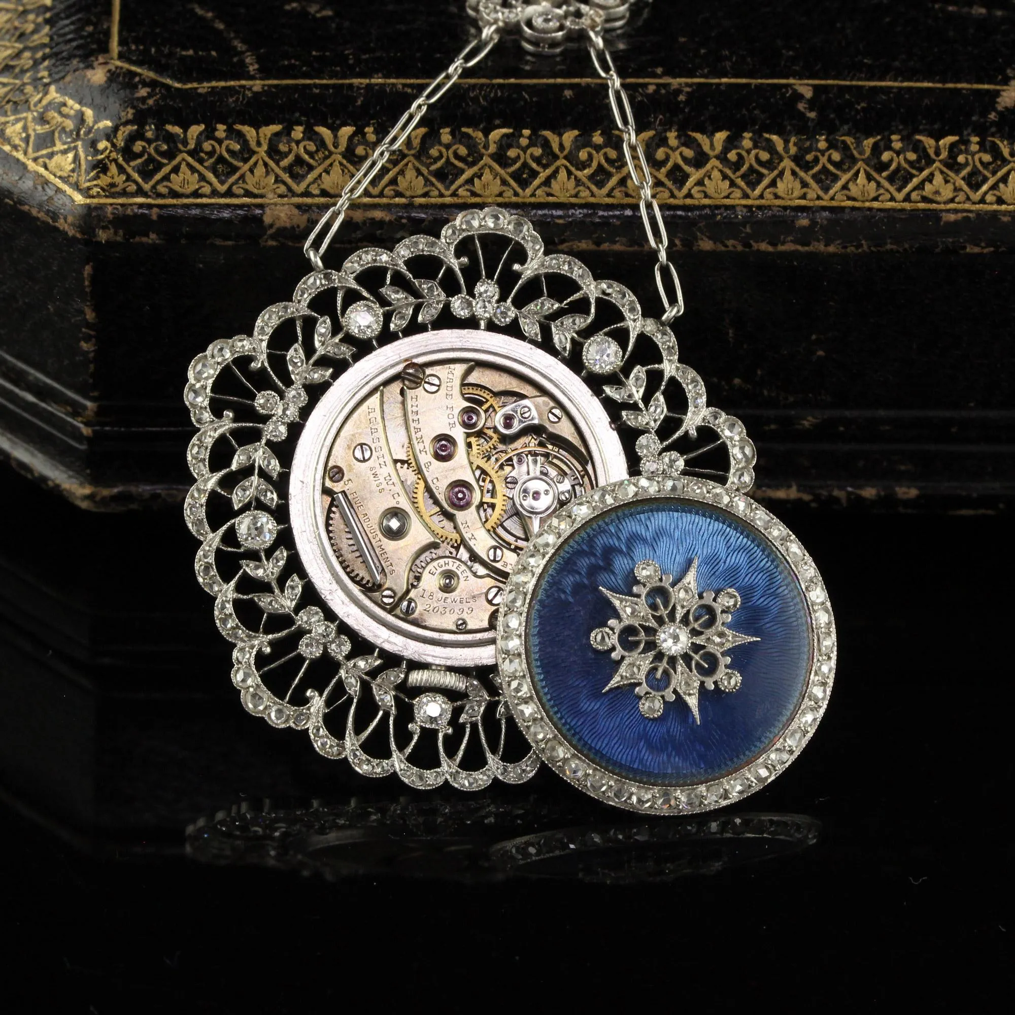 Antique Edwardian Tiffany Co Diamond Enamel Filigree Guilloche Watch Necklace
