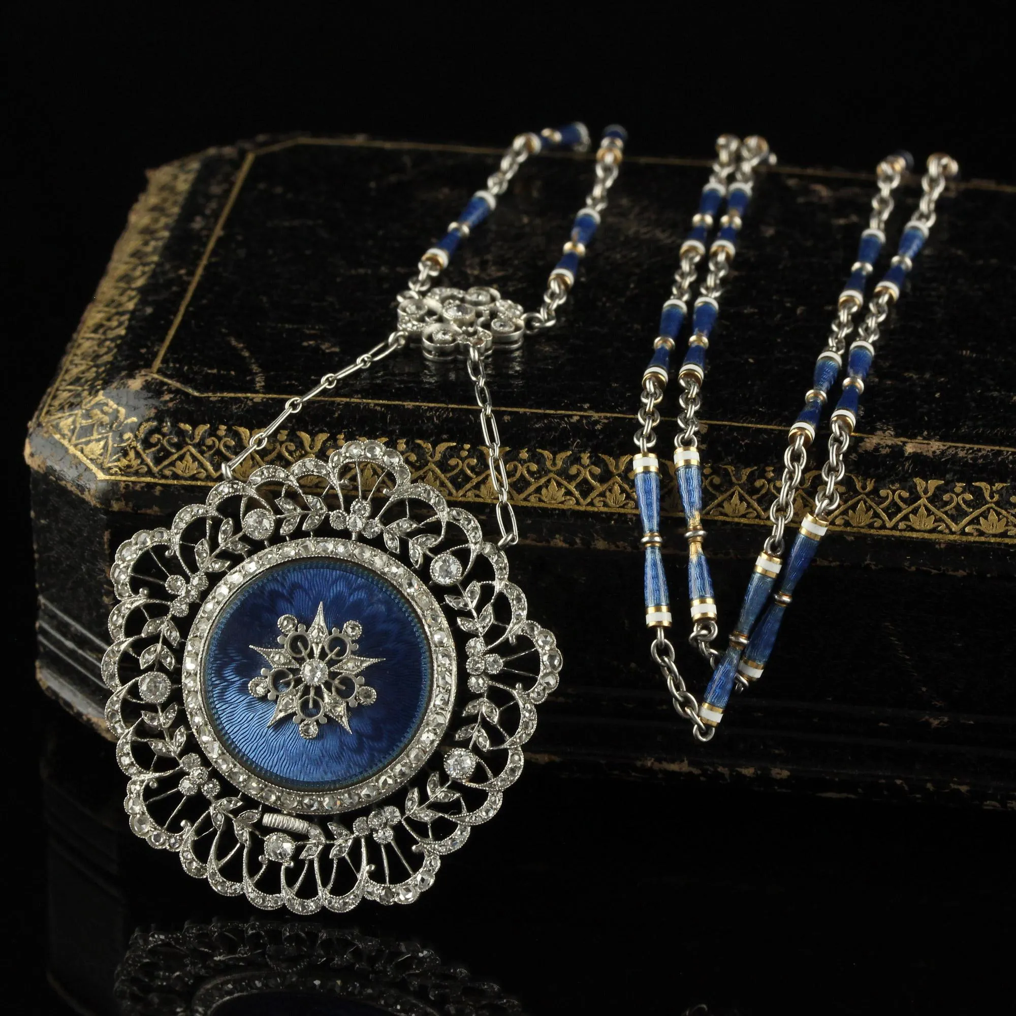 Antique Edwardian Tiffany Co Diamond Enamel Filigree Guilloche Watch Necklace