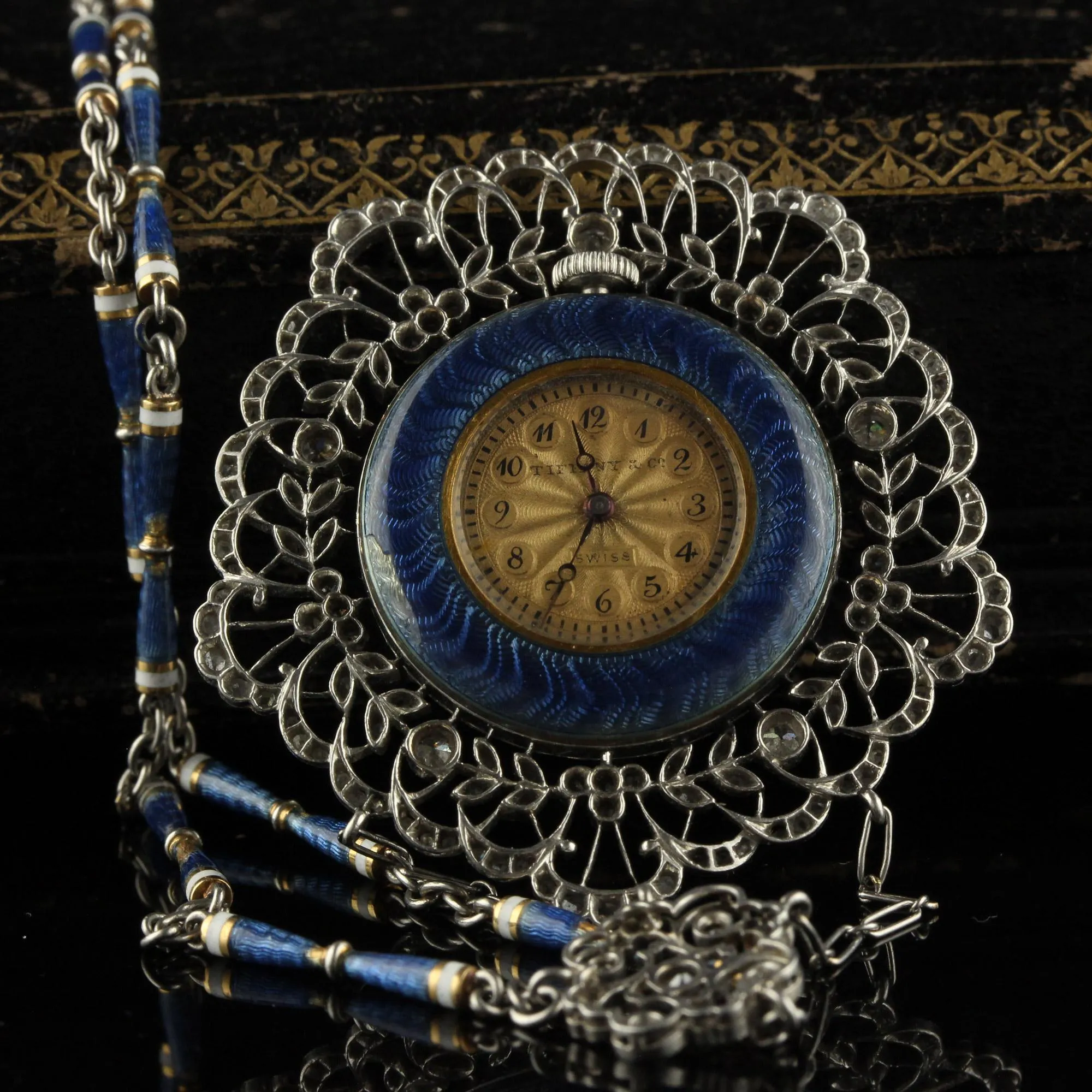Antique Edwardian Tiffany Co Diamond Enamel Filigree Guilloche Watch Necklace