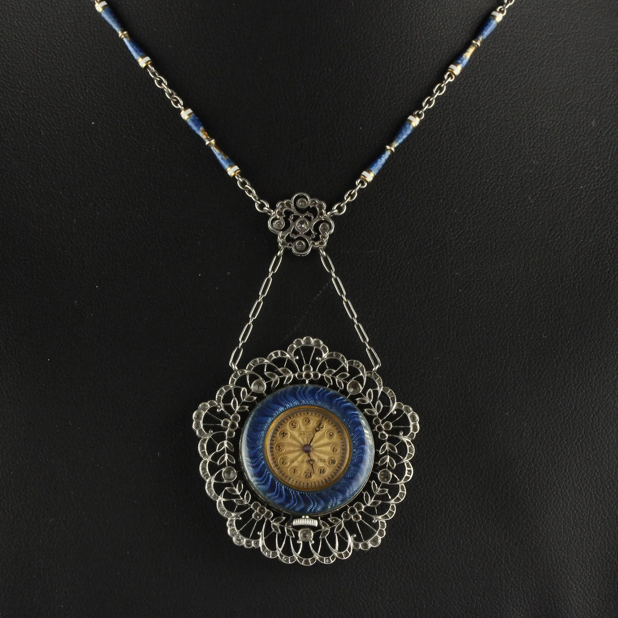 Antique Edwardian Tiffany Co Diamond Enamel Filigree Guilloche Watch Necklace
