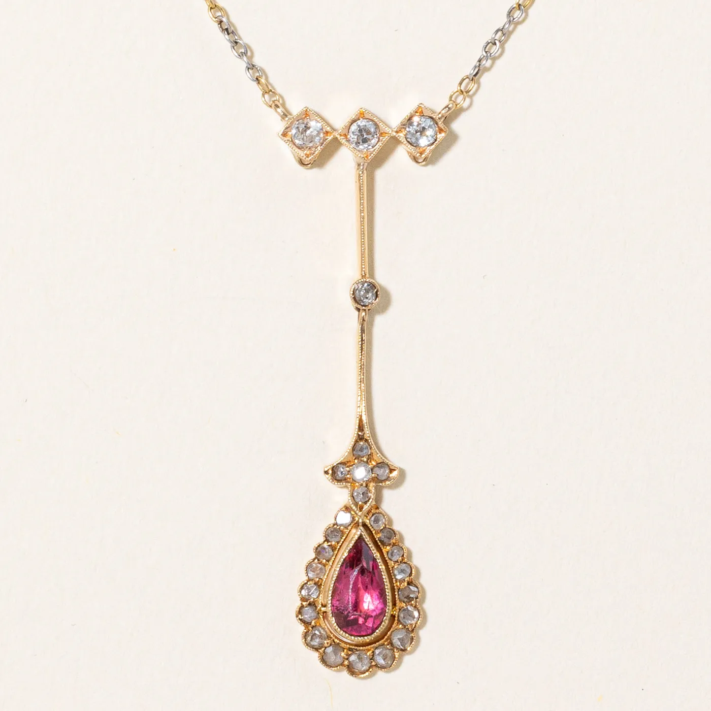 Antique Tourmaline & Old Cut Diamond Drop Pendant Necklace | 0.58ct, 0.32ctw | 17" |