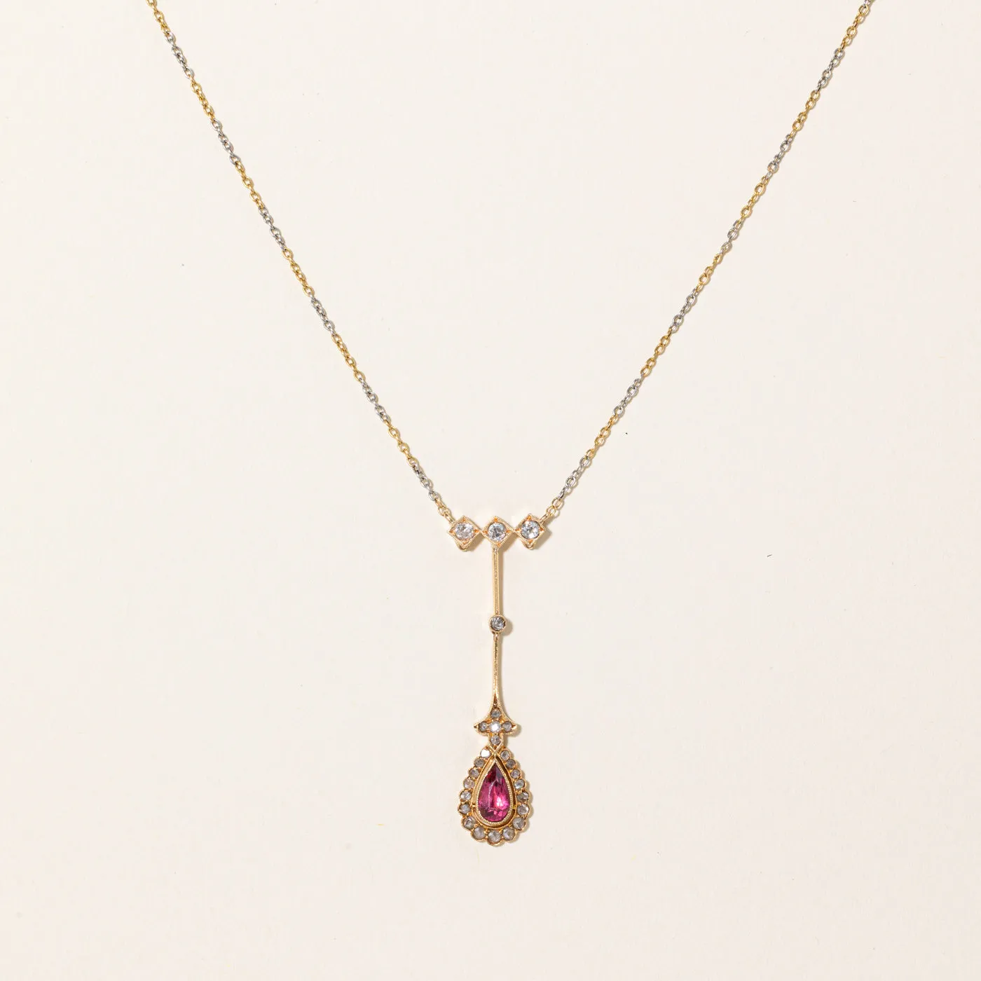 Antique Tourmaline & Old Cut Diamond Drop Pendant Necklace | 0.58ct, 0.32ctw | 17" |