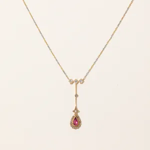 Antique Tourmaline & Old Cut Diamond Drop Pendant Necklace | 0.58ct, 0.32ctw | 17" |