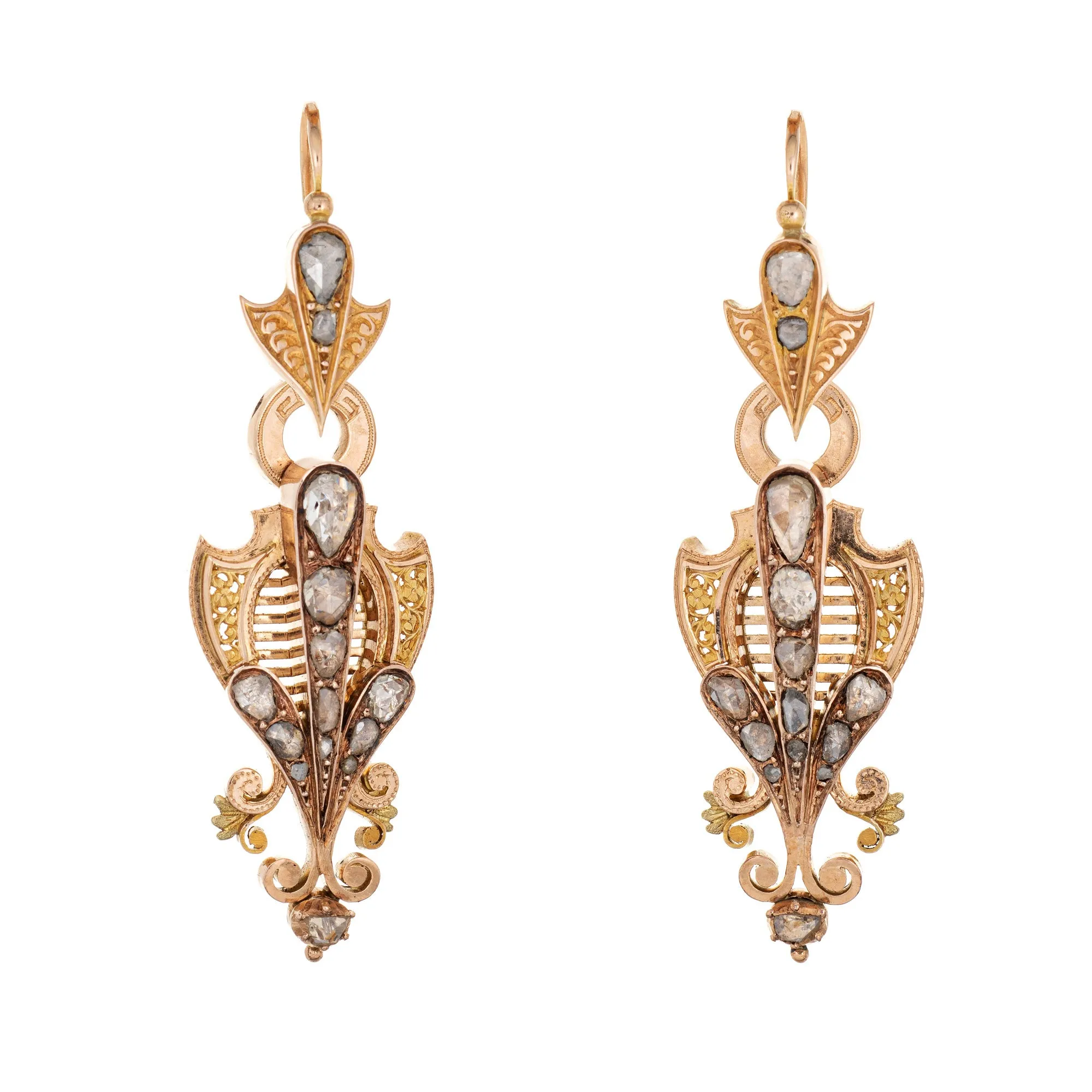 Antique Victorian 2ct Diamond Earrings 14k Yellow Gold Long 2" Drops Day Night